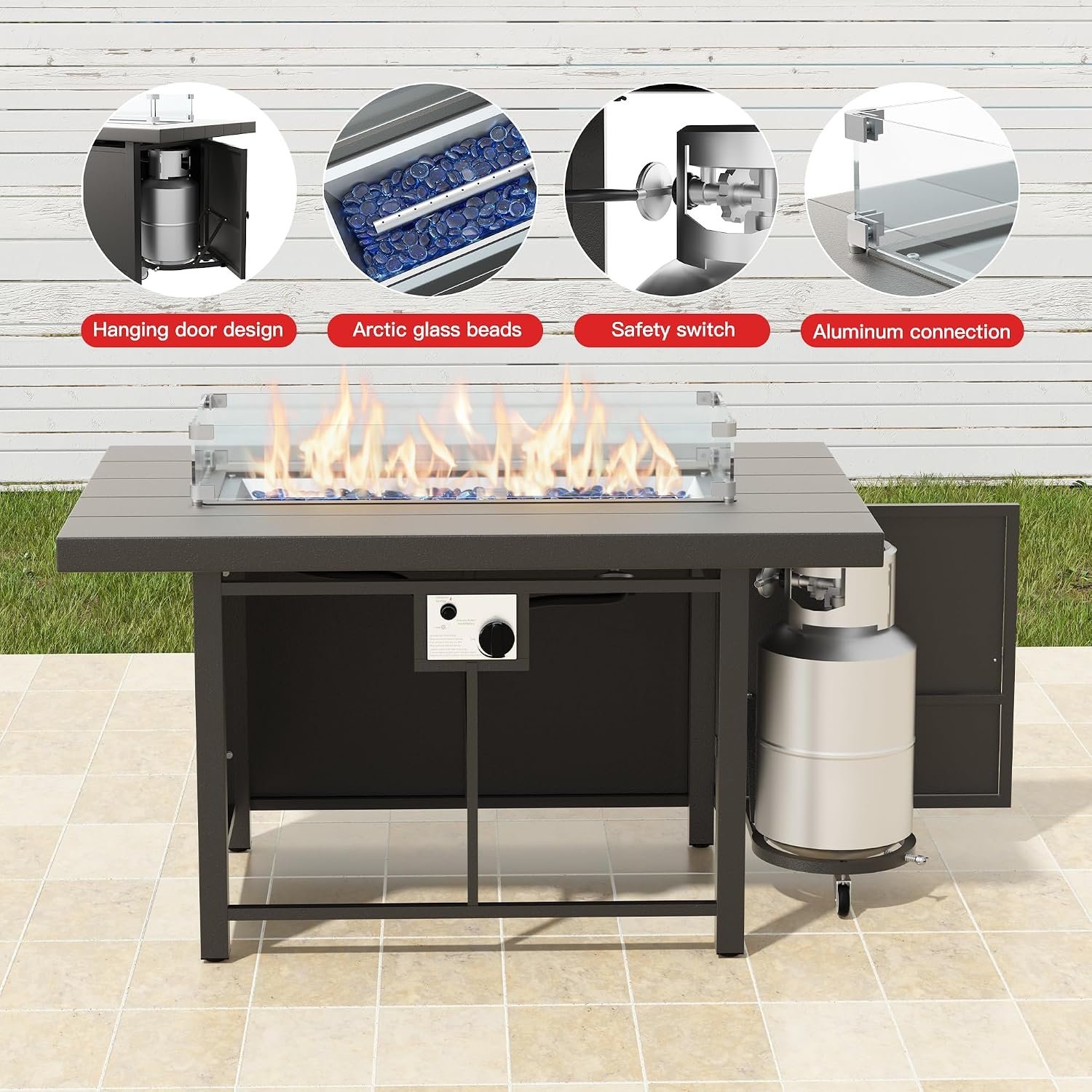 43' All Aluminum Outdoor Propane Gas Fire Pit Table with Rectangle Fire Pit Lid,55000 BTU Auto-Ignition Table Fire Pit w/Glass Wind Guard, Glass Rock for Outdoor,ETL Certified
