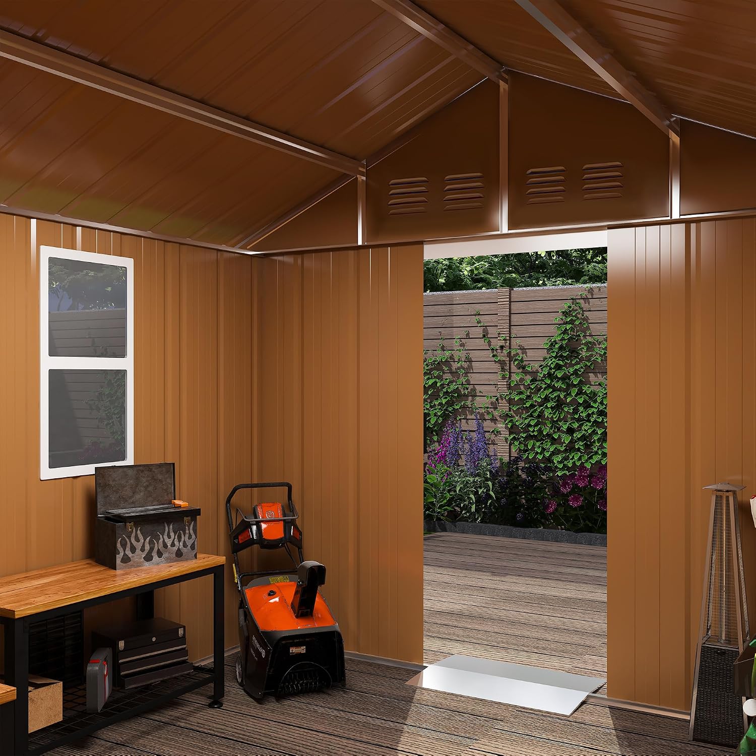 6x4 FT Heavy-Duty Outdoor Metal Storage Shed with Windows, Lockable Sliding Door & Ventilation - Weatherproof Outdoor Garden Shed for Backyard, Lawn, Tool Organization & Pet House (Brown, 6X4 FT)
