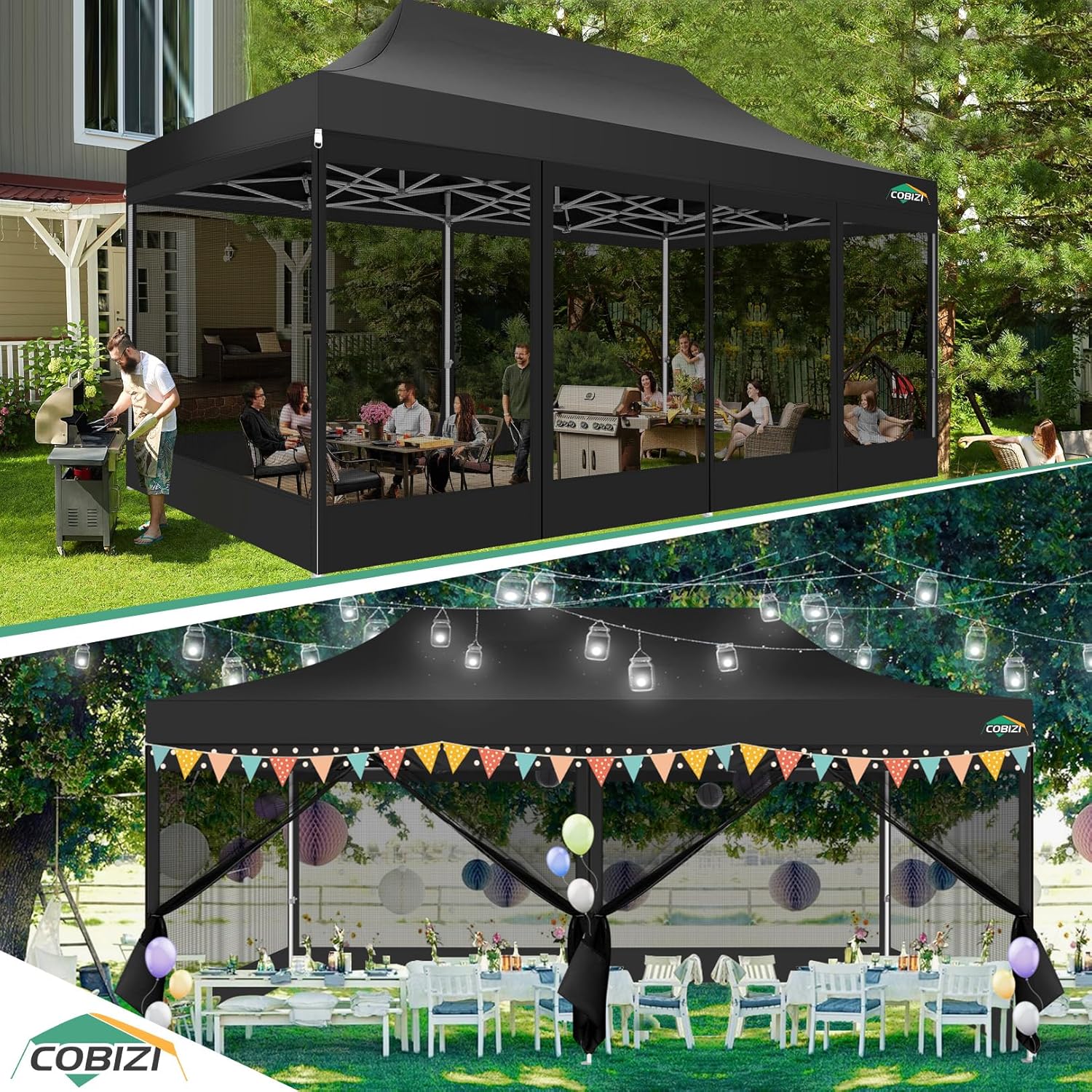 COBIZI 10x20 Heavy Duty Pop up Canopy with 6 Sidewalls, Canopy Tent with Mosquito Netting, Easy up Screen Party Tent for Parties Wedding Outdoor Patio Commercial Gazebo with Roller Bag, Black