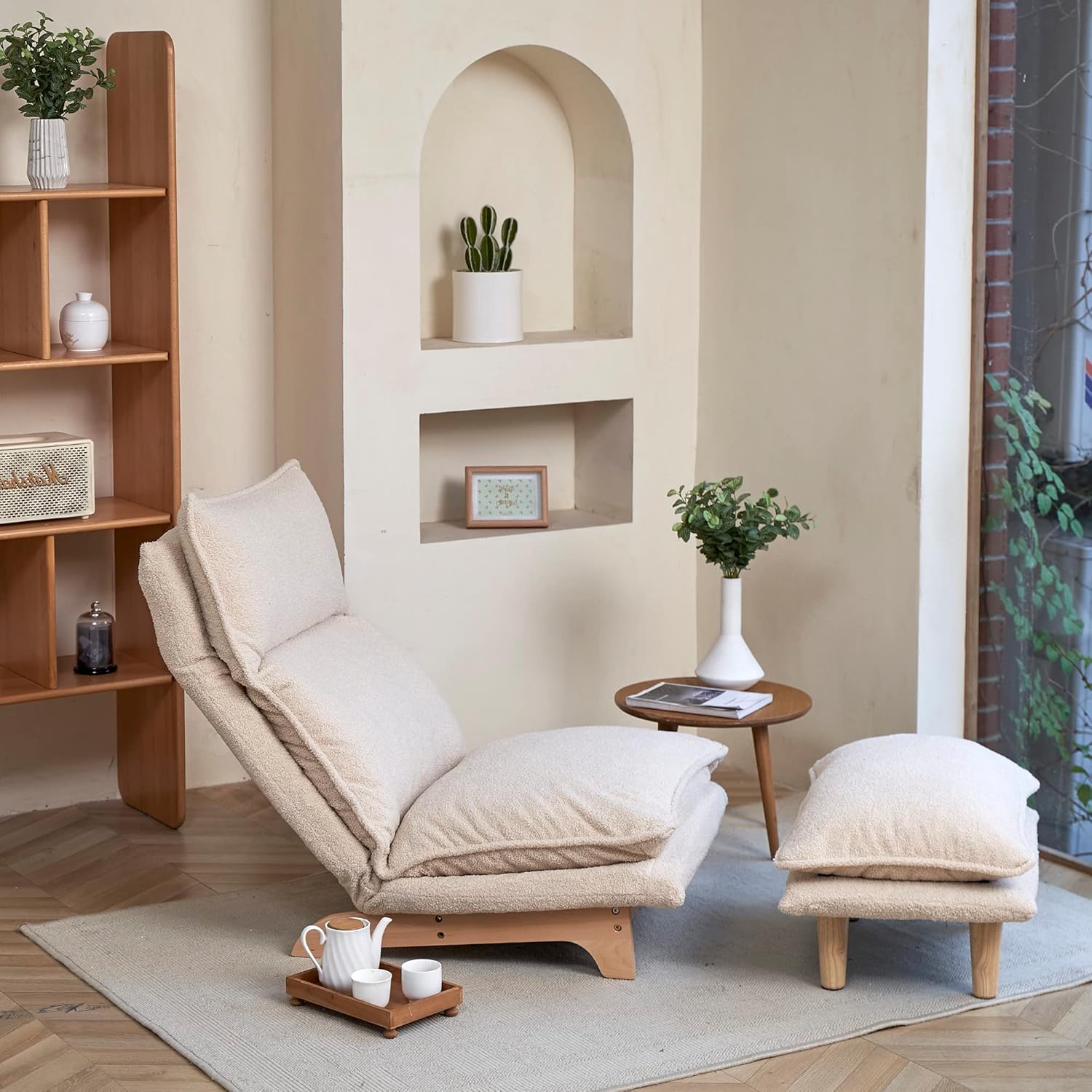 Beige Lazy Floor Lounger with Ottoman, Adjustable Floor Chair Bean Bag Style Tatami Sofa with Thick Cushions and Back Support, Comfy Lounge Seating for Adults, Gaming & Bedroom Relaxation