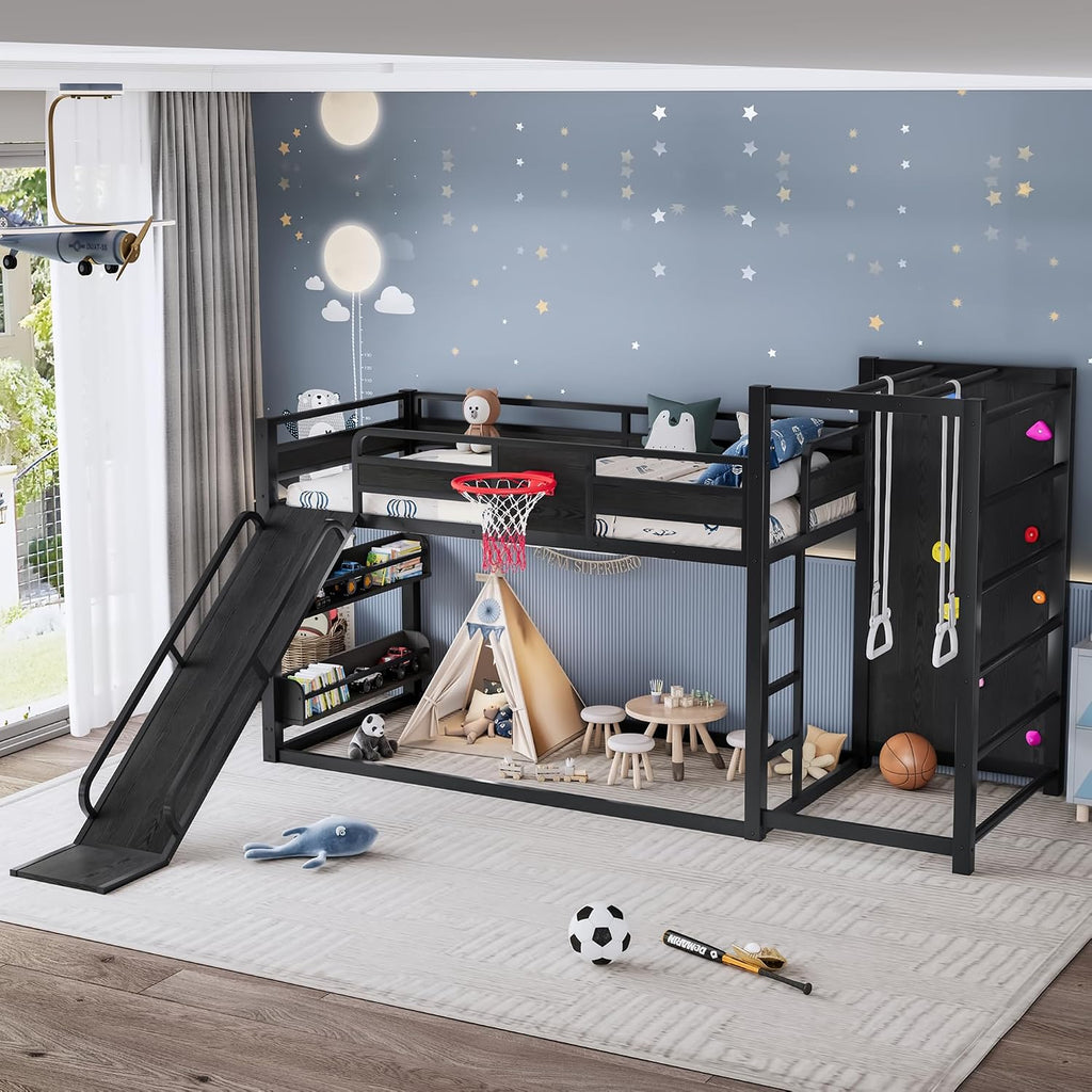 SOFTSEA Twin XL Metal Loft Bed with Slide & Basketball Hoop, Heavy Duty Bunk Bed with Storage Shelves, Climbing Wall & Pull Up Rings, Playful Basketball Slide Bed Frame, Black