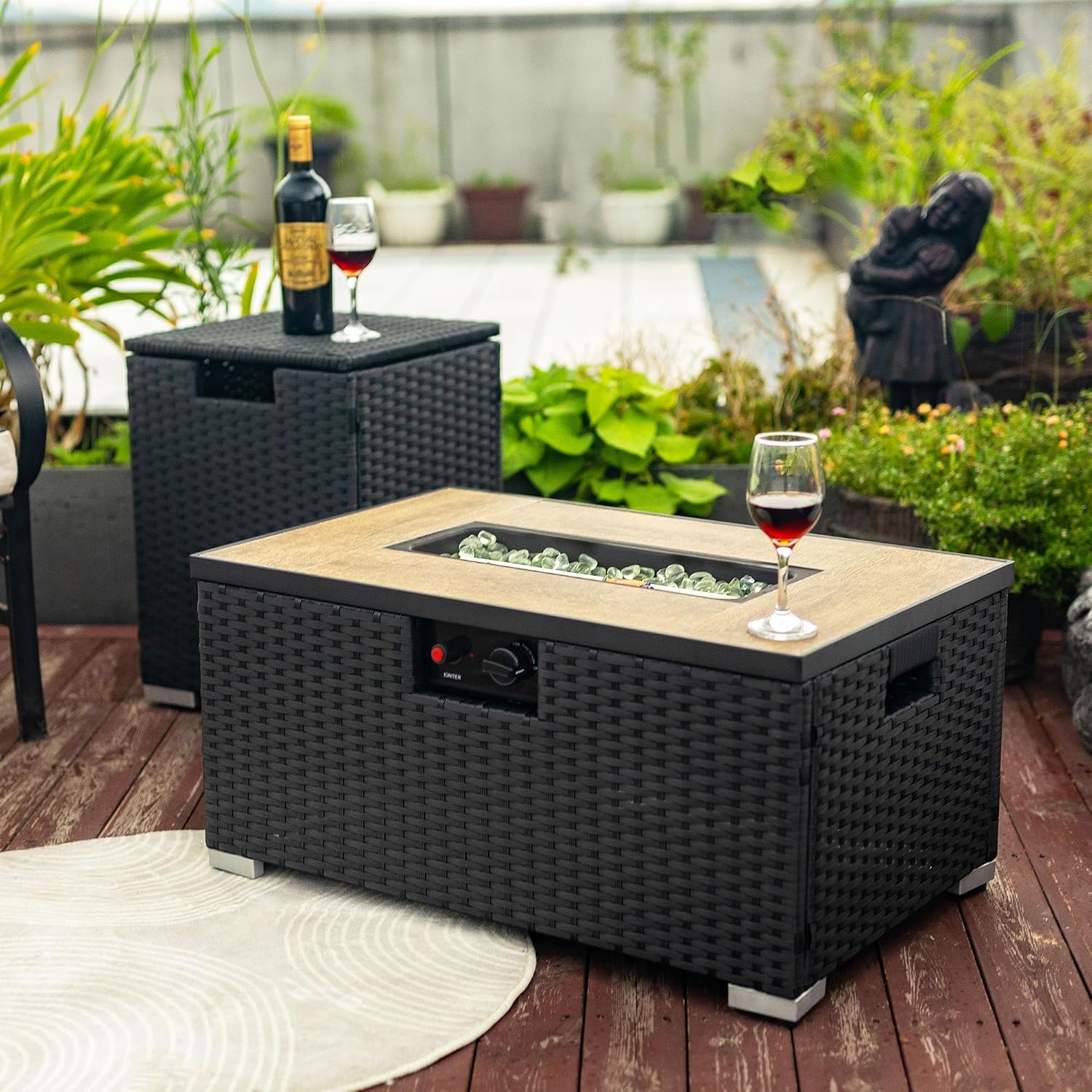 32in Gas Fire Pit Table Set, 50,000 BTU Propane Fire Pit Table Outdoor with Rain Cover, Hideaway Tank Holder Fits 20lb Tank, Gas Fire Pit for Outside w/Ceramic Tabletop and lid, Glass Rocks.