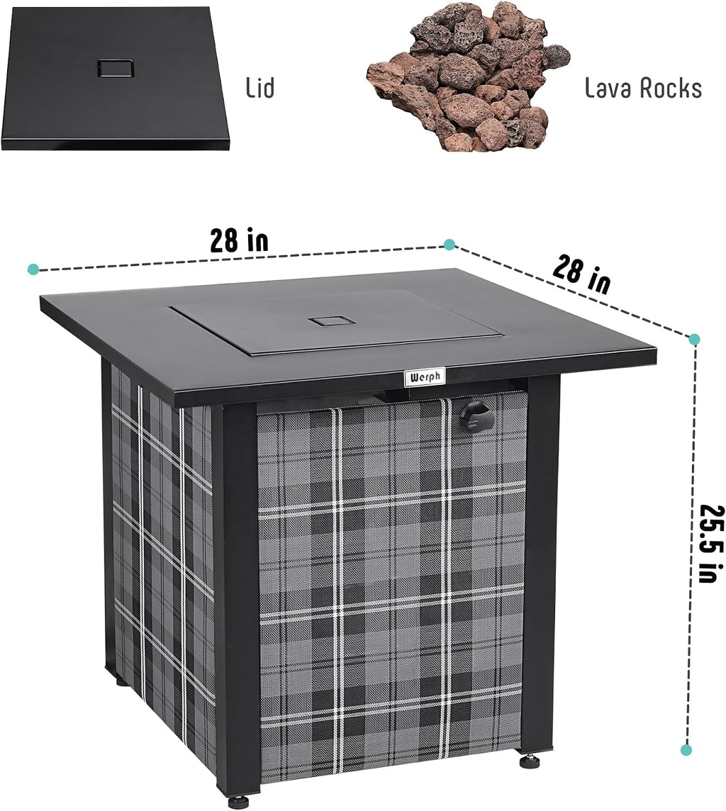 Werph 28 in Propane Fire Pit Table, ETL-Certified Fire Table with Lava Rocks for Patio Deck Garden Courtyard, 50,000 BTU Square Fire Pit Table with Lid, Black
