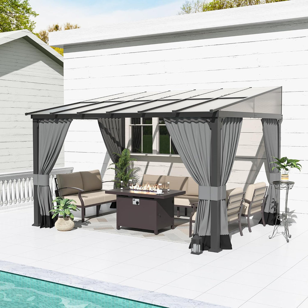 Kurapika 10' x 14' Wall Mount Gazebo Outdoor Pergola, Hardtop Lean to Gazebo Canopy Awnings with Sloped Roof and Sturdy Steel Frame, for Patio, Porch, Deck, Backyard(Grey)
