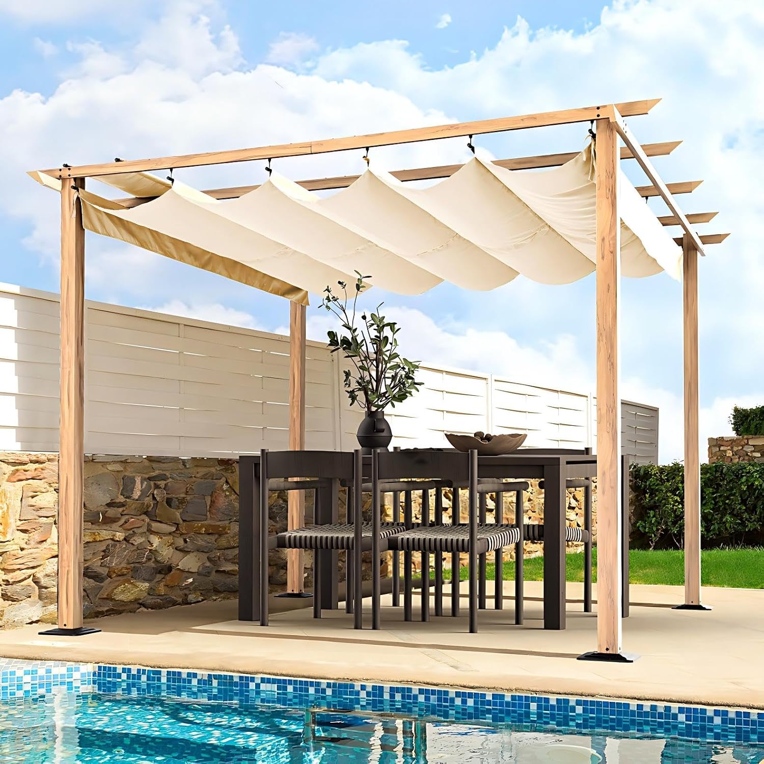 HAPPATIO 10' X 10' Wood-Grain Aluminum Pergola - Adjustable Sun Shade Canopy with Retractable Roof for Backyard, Deck, Patio, by The Pool (Beige)