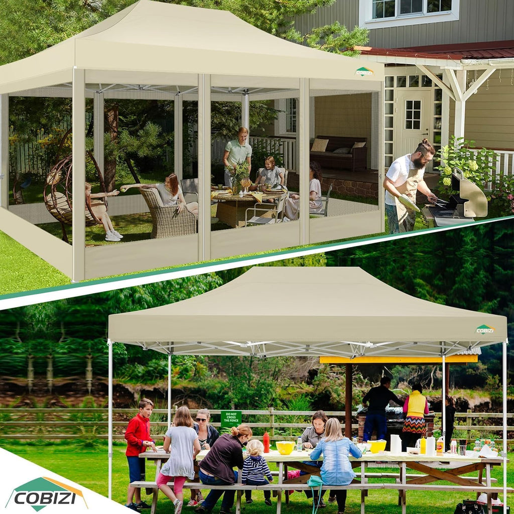 COBIZI 10x15 Heavy Duty Pop up Canopy with 4 Sidewalls, Canopy Tent with Mosquito Netting, Easy up Screen Party Tents for Parties Wedding Patio Backyard Commercial Gazebo with Handbag, Khaki