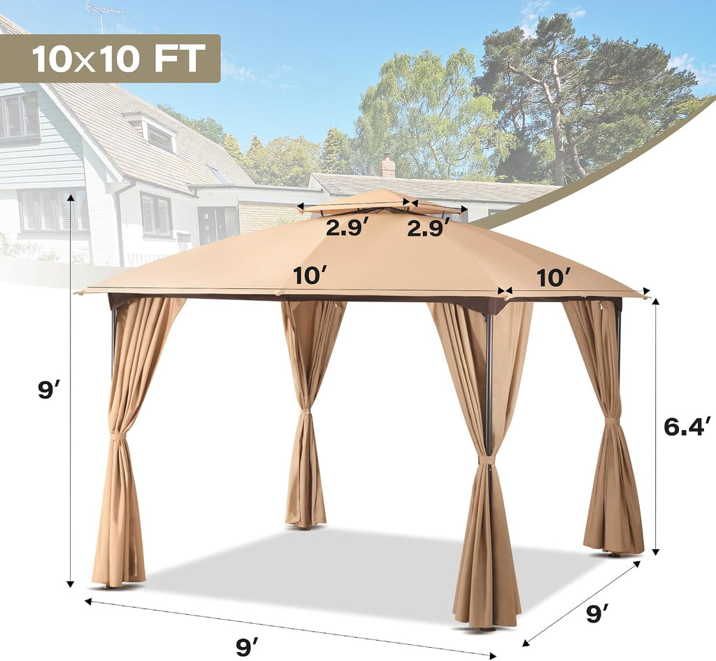 LAUSAINT HOME 10'x10' Patio Curved Gazebo Outdoor Canopy Tent, 2025 Party Tent Shelter with Expansion Bolts and Wind-Resistant Ropes for Patios, Garden, Backyard and Lawn, Khaki