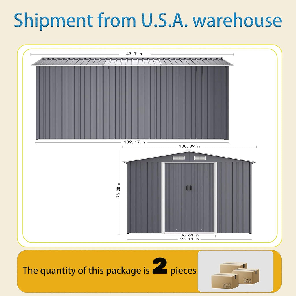 Shed with Windows,Large Metal Outdoor Storage Shed, Lockable Tool Storage shed, Steel Garden shed, Suitable for Backyard, Terrace, and Poolside (Grey+Metal, 8FTx12FT)