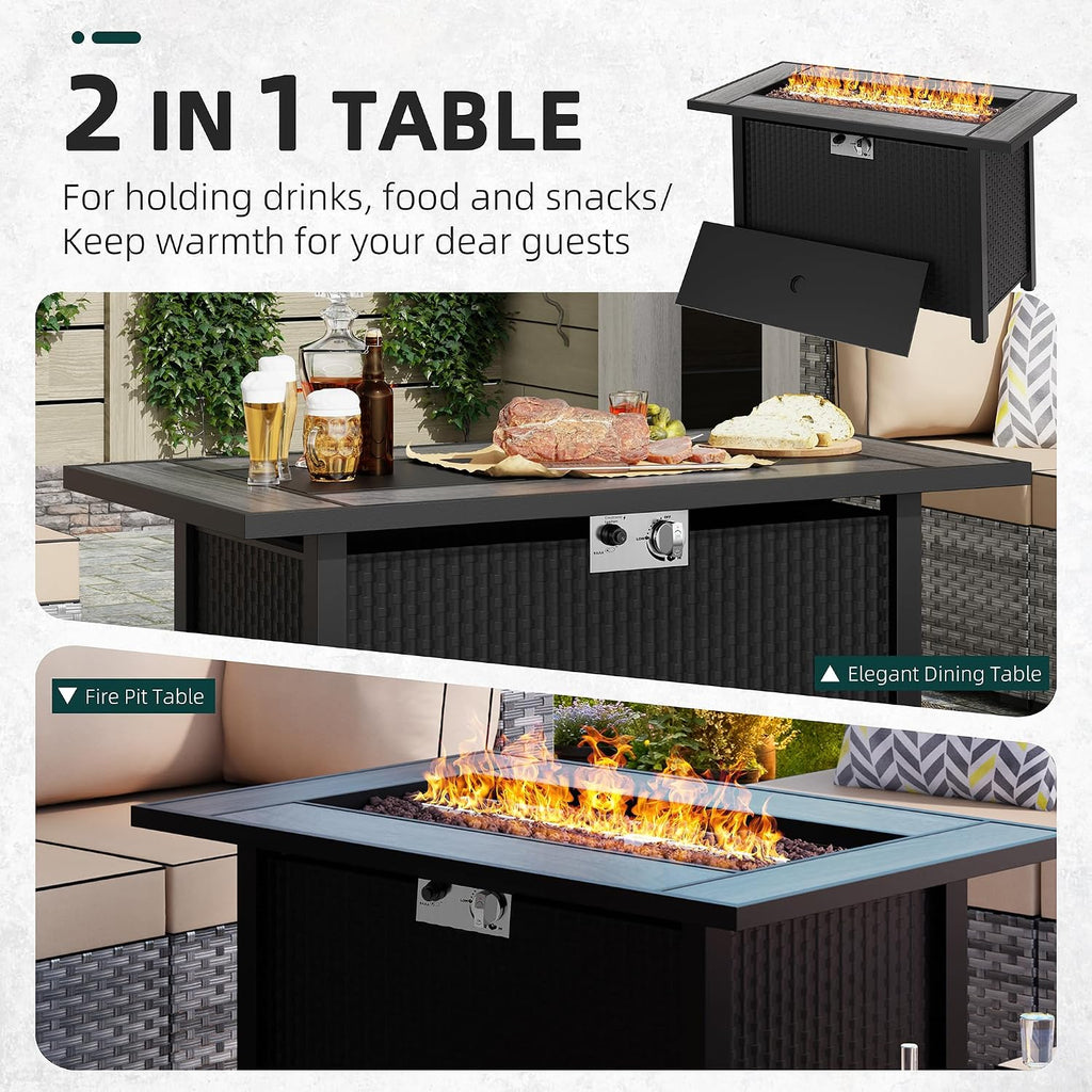 44 inch Propane Fire Pit Table, 50,000 BTU Outdoor Gas Fire Pit Table with Lid, Waterproof Cover, Rectangle Gas Firepit Table for Garden/Patio