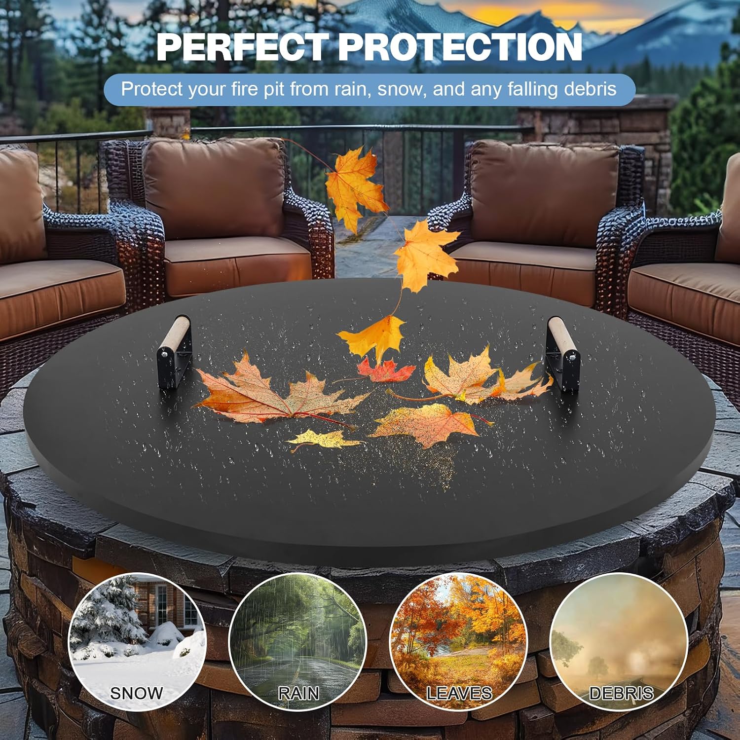 Fire Pit Lid Cover Round - 38' Rust Resistant Powder Coated Steel Firepit Cover or Table with 2 Wooden Handles for Patio Fire Pit, Weatherproof for All Seasons, Fits Fire Pits Up to 36'