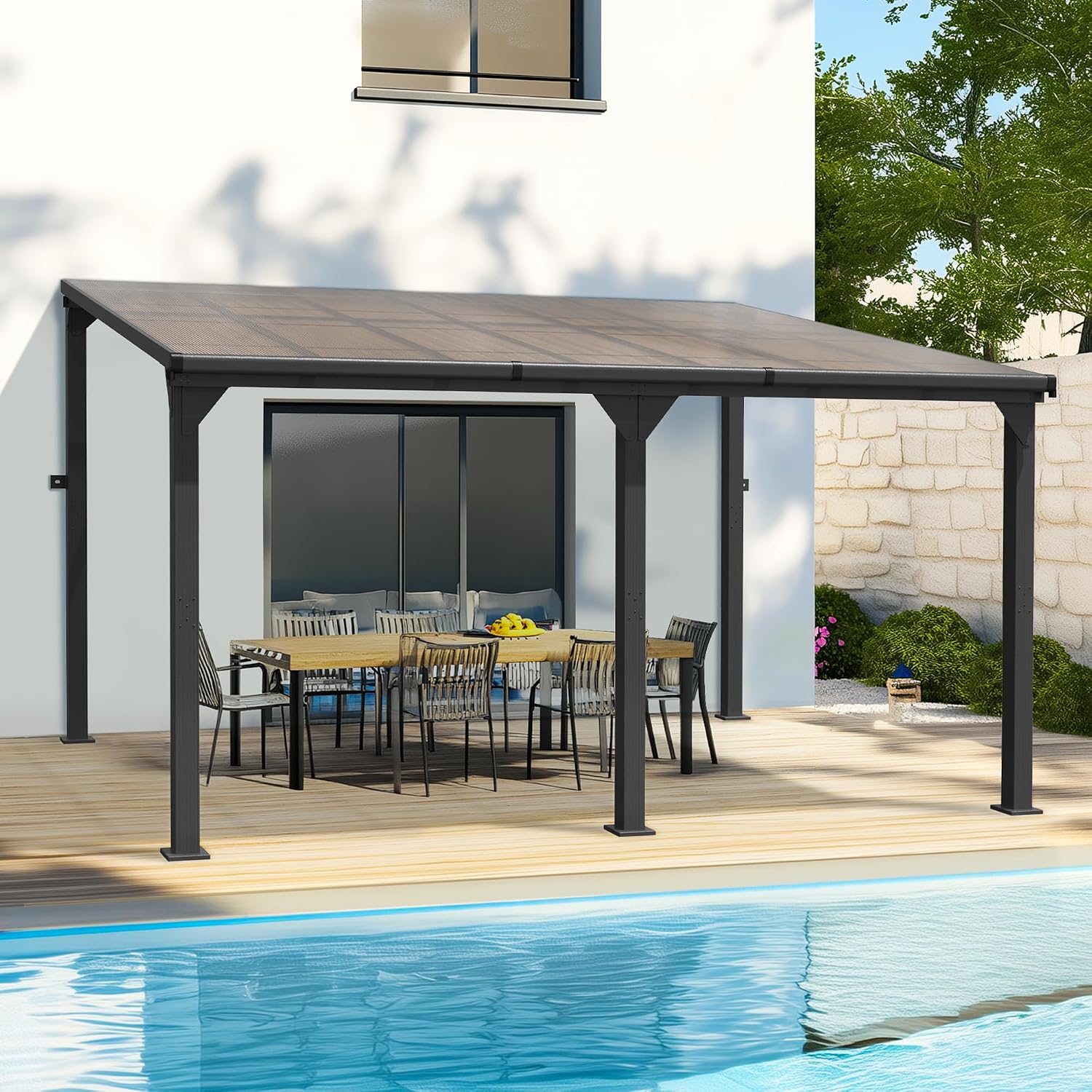 Pamapic 10 * 14FT Pergola,4 * 4 Inch Thickened Pillars & Enlarged Base,Outdoor Hardtop Lean to Gazebo,Wall Mounted Pergola,Pergolas Gazebos Clearance,Aluminum Frame Pergola,UV Resistant Patio Roof