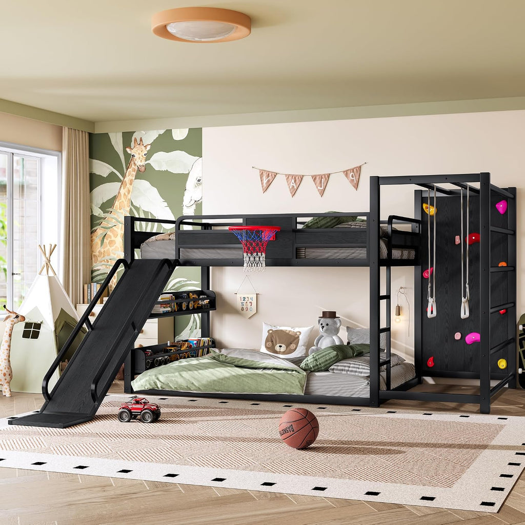 SOFTSEA Full Size Metal Loft Bed with Slide, Heavy Duty Bunk Bed with Bookshelves, Basketball Hoop, Climbing Wall & Pull Up Rings for Kids Teens, Playful Basketball Slide Bed Loft Bed Frame, Black
