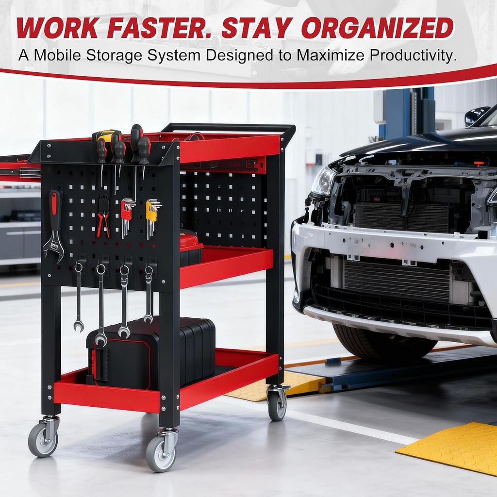 3 Tier Tool Cart on Wheels, Heavy Duty Metal Rolling with Drawers and Pegboards, 660 LBS Load Capacity Tool Storage Cart, Industrial Utility for Garage, Warehouse, Workshop