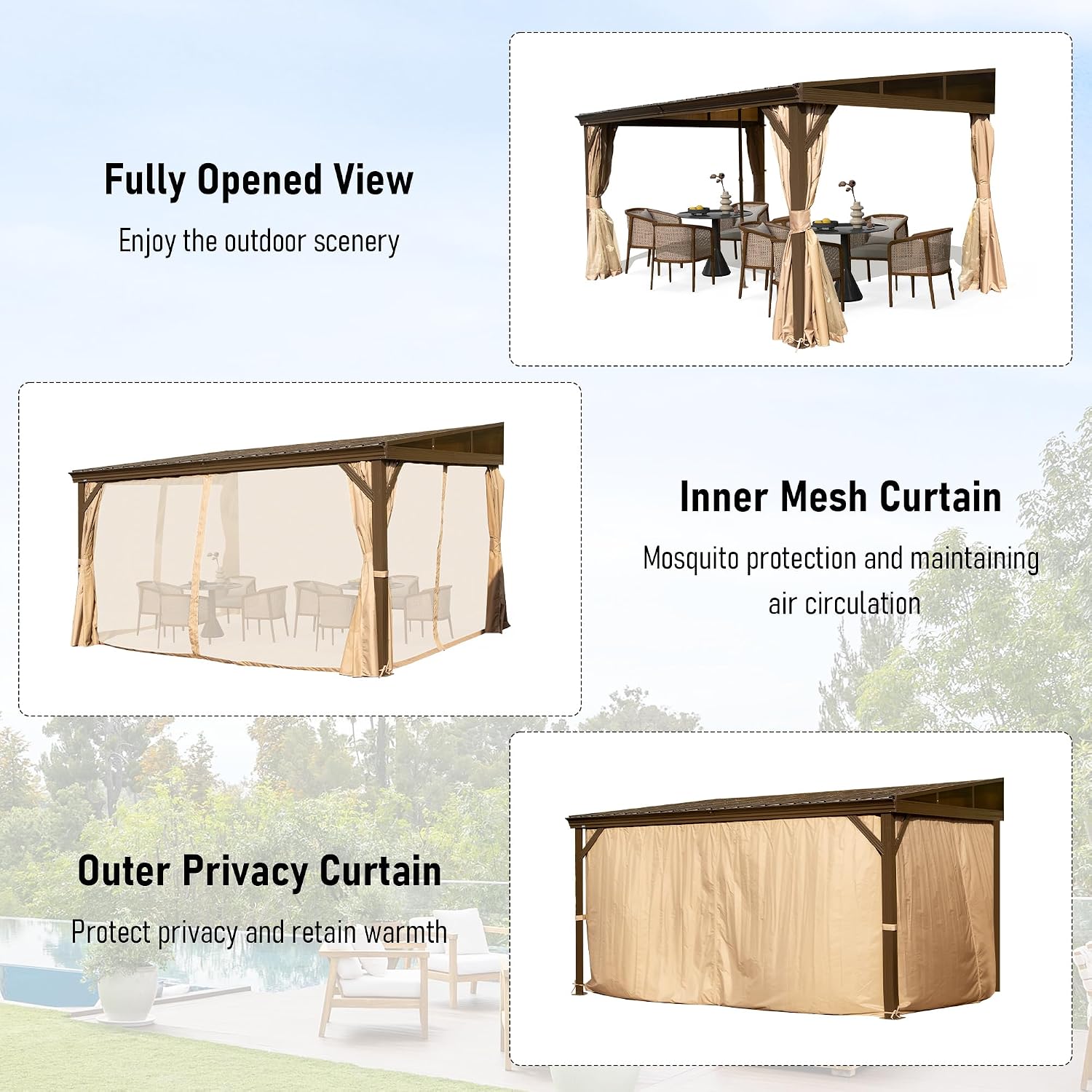 Domi 10x14FT Lean to Gazebo, Outdoor Hardtop Wall Mounted Heavy Duty Canopy with Sloping Galvanized Steel Roof, Aluminum Frame Mounted Gazebo, Netting and Curtain Included for Deck, Porch, Backyard