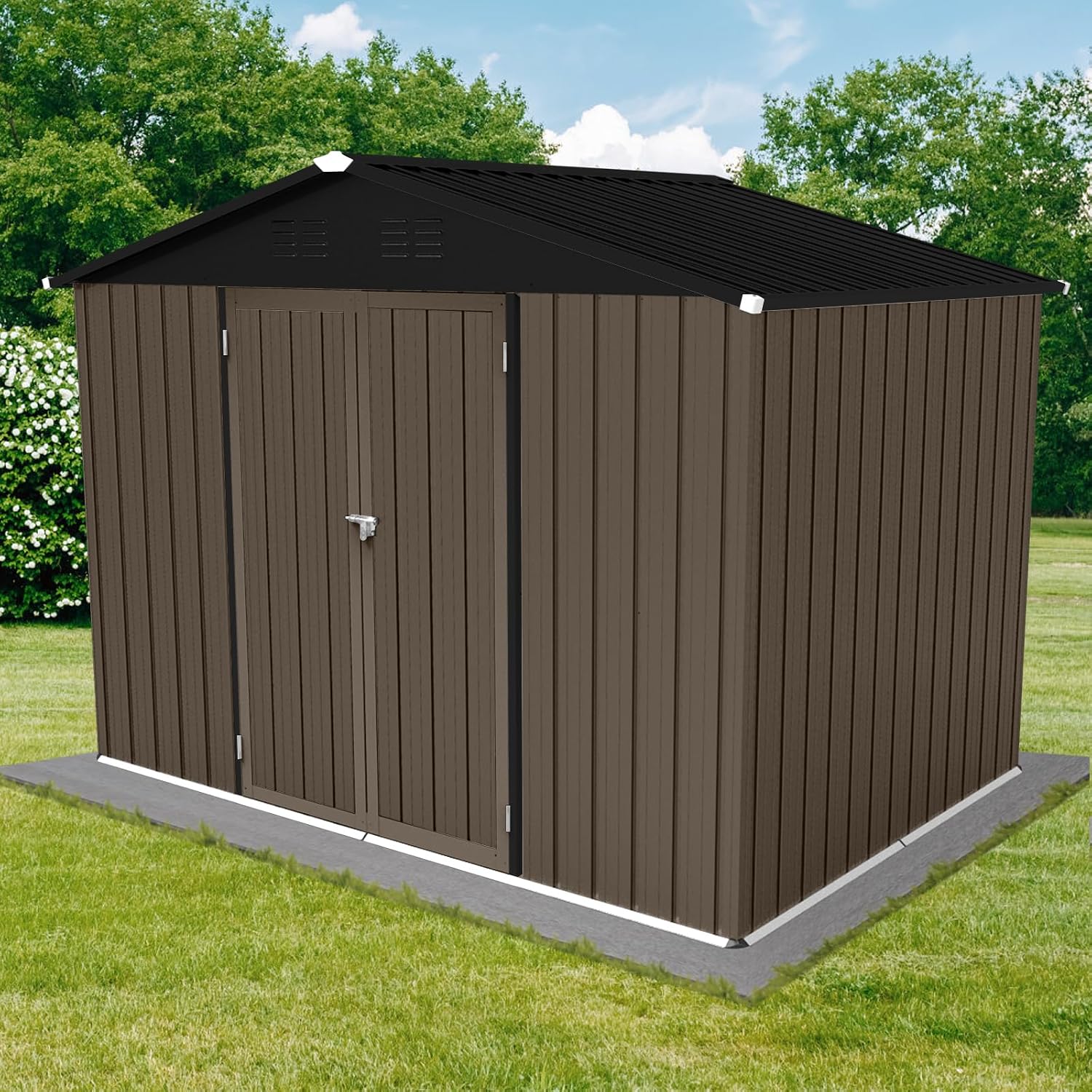 8 x 6 FT Metal Storage Shed, Outdoor Storage Shed with Lockable Door & Apex Roof, Hinged Door for Garden, Backyard, Lawn, and Utility Shelter, Shutter Vents, Weather-Resistant, Brown and Black