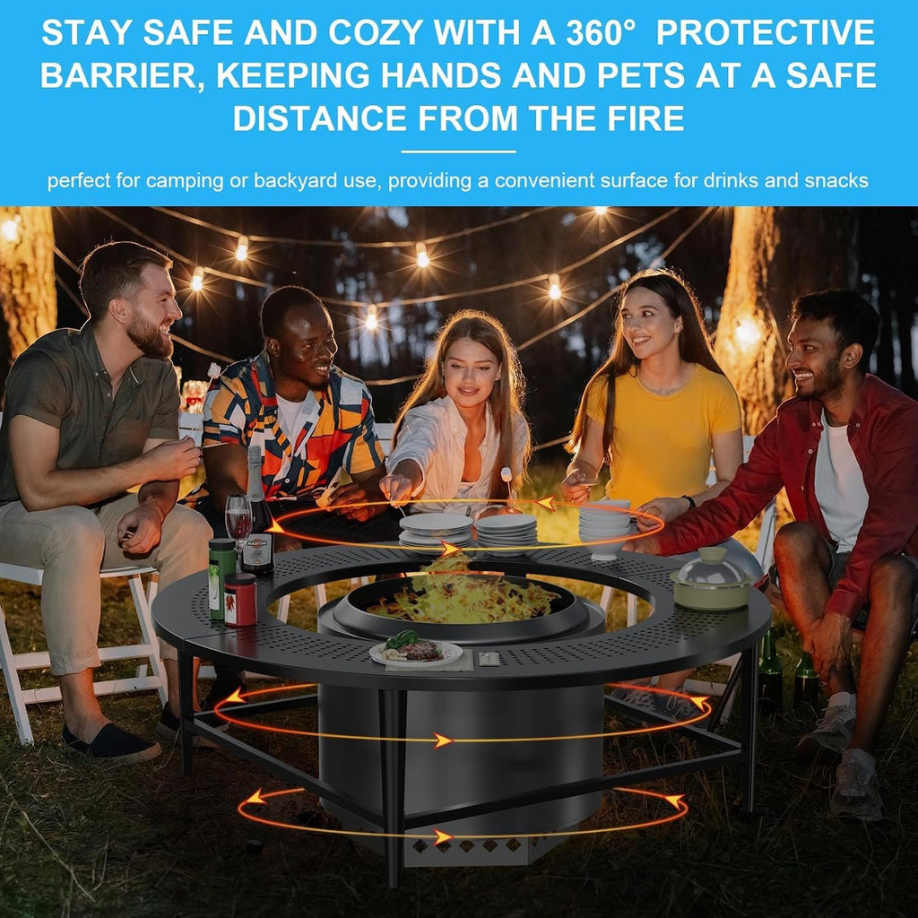LS'BABQ 40' Fire Pit Surround Tabletop with Waterproof Cover for Solo Stove Bonfire & Ranger, Round Outdoor Fire Pit Table for Most Wood-Burning Stoves Under 22' Dia for Camping, Powder-Coated Steel