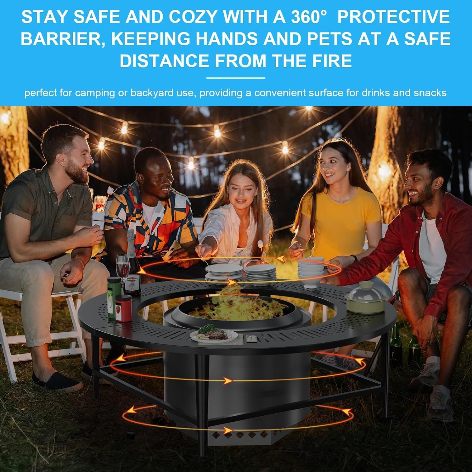 LS'BABQ 45' Fire Pit Surround Tabletop with Waterproof Cover for Solo Stove Yukon & Bonfire, Round Outdoor Fire Pit Table for Most Wood-Burning Stoves Under 28.5' Dia for Camping, Powder-Coated Steel