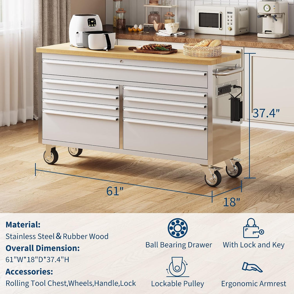 61 in Tool Chest, Tool Box Mobile 9 Drawers Storage Rolling Cabinet with Wheels Lock Key Locking System Drawer Liners for Garage Warehouse Repair Shop