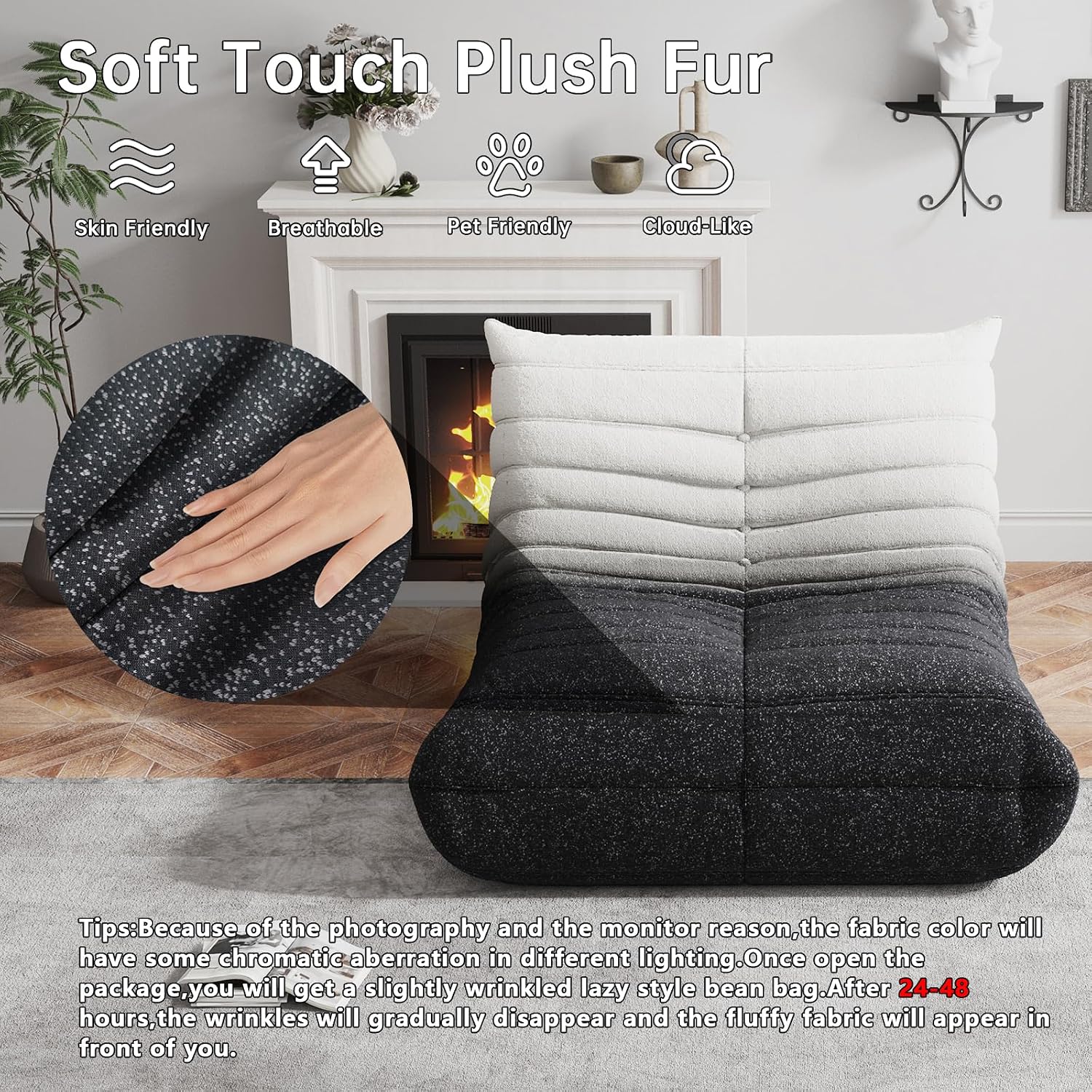 WHGBJA Memory Foam Bean Bag Chair for Adults, Teddy Material Beanbag Sofa with Filler, Cozy Floor Lounge Seat for Living Room, Bedroom, Dorm, Office (Black White)
