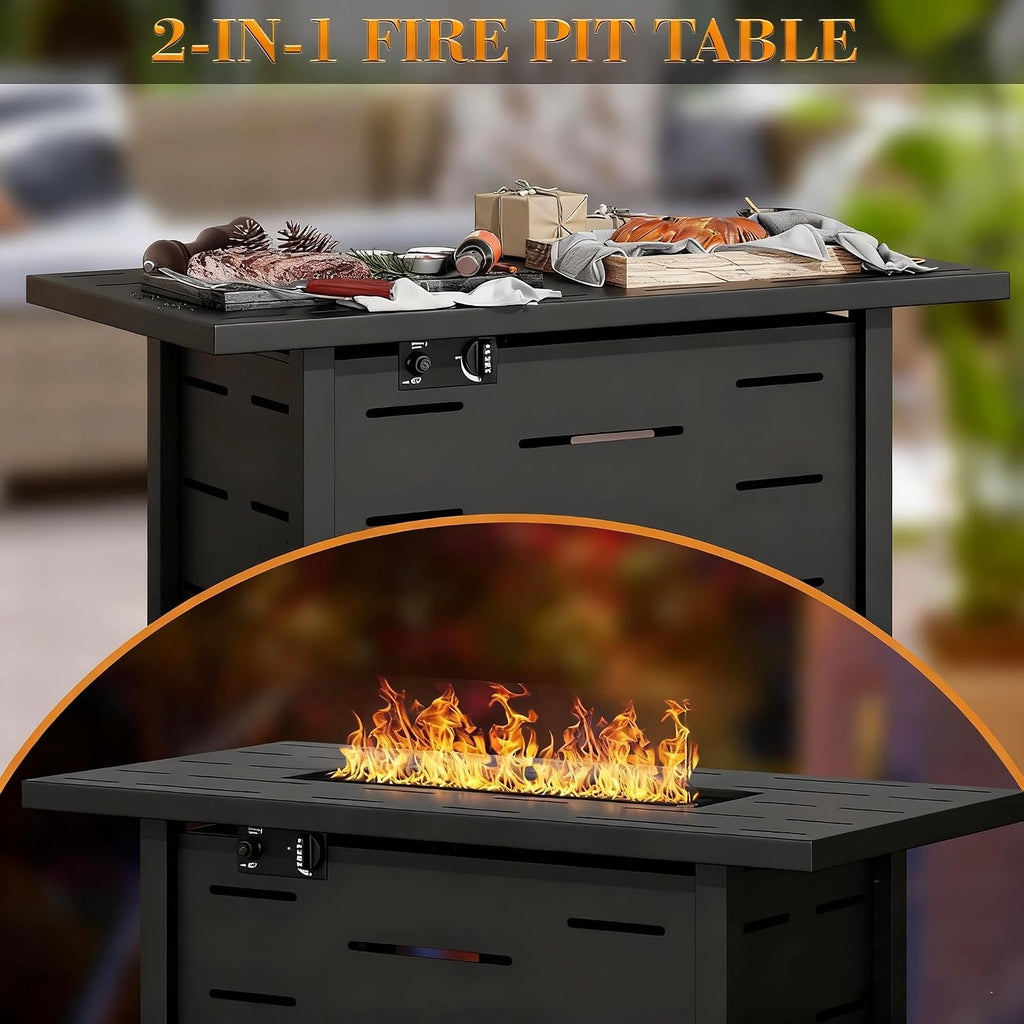 43 Inch Propane Fire Pit Table for Patio & Backyard, 50,000 BTU Steel Gas Fire Pit with Lid & Lava Rocks, Outdoor Table Heater for Deck, Garden, Smokeless Flame