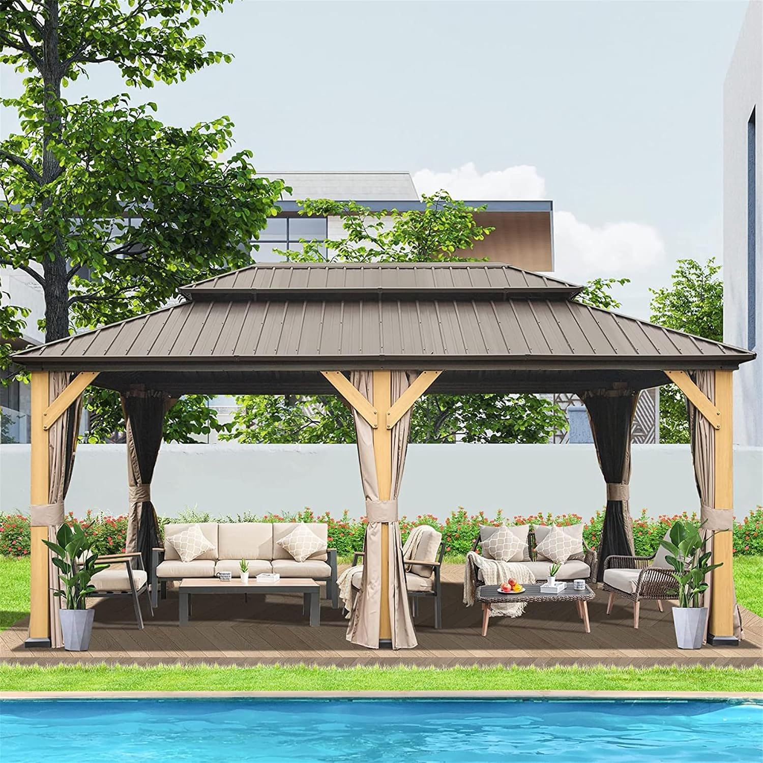 12'x20' Hardtop Gazebo with Cedar Wood Frame, Outdoor Wood Gazebo with Galvanized Steel Double Roof, Permanent Metal Roof Gazebo with Curtains and Netting for Patio, Backyard and Lawn(Brown)