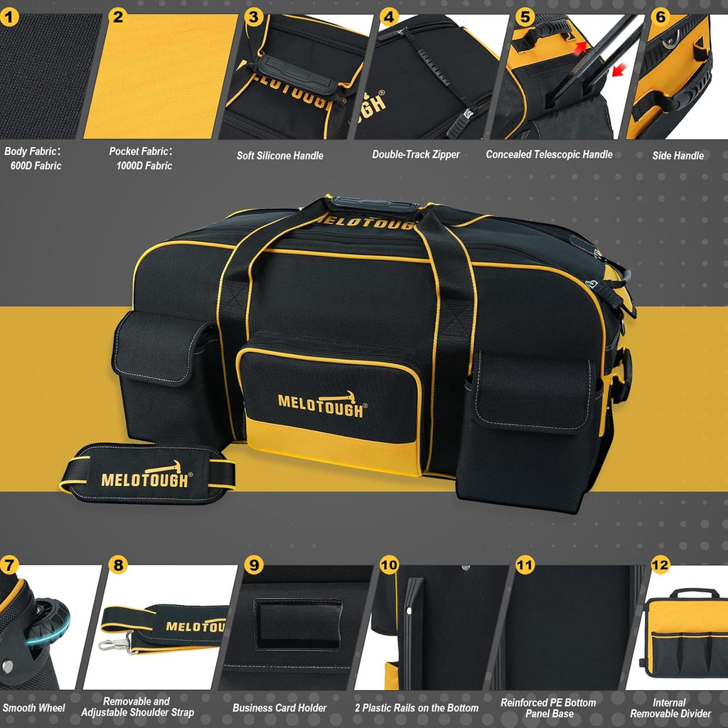 MELOTOUGH Rolling Tool Bag with Wheels,Large Capacity Tool Bag Organizer with Concealed Telescoping Handle for Electrician,Construction,HVAC,Technician (Yellow/Black)