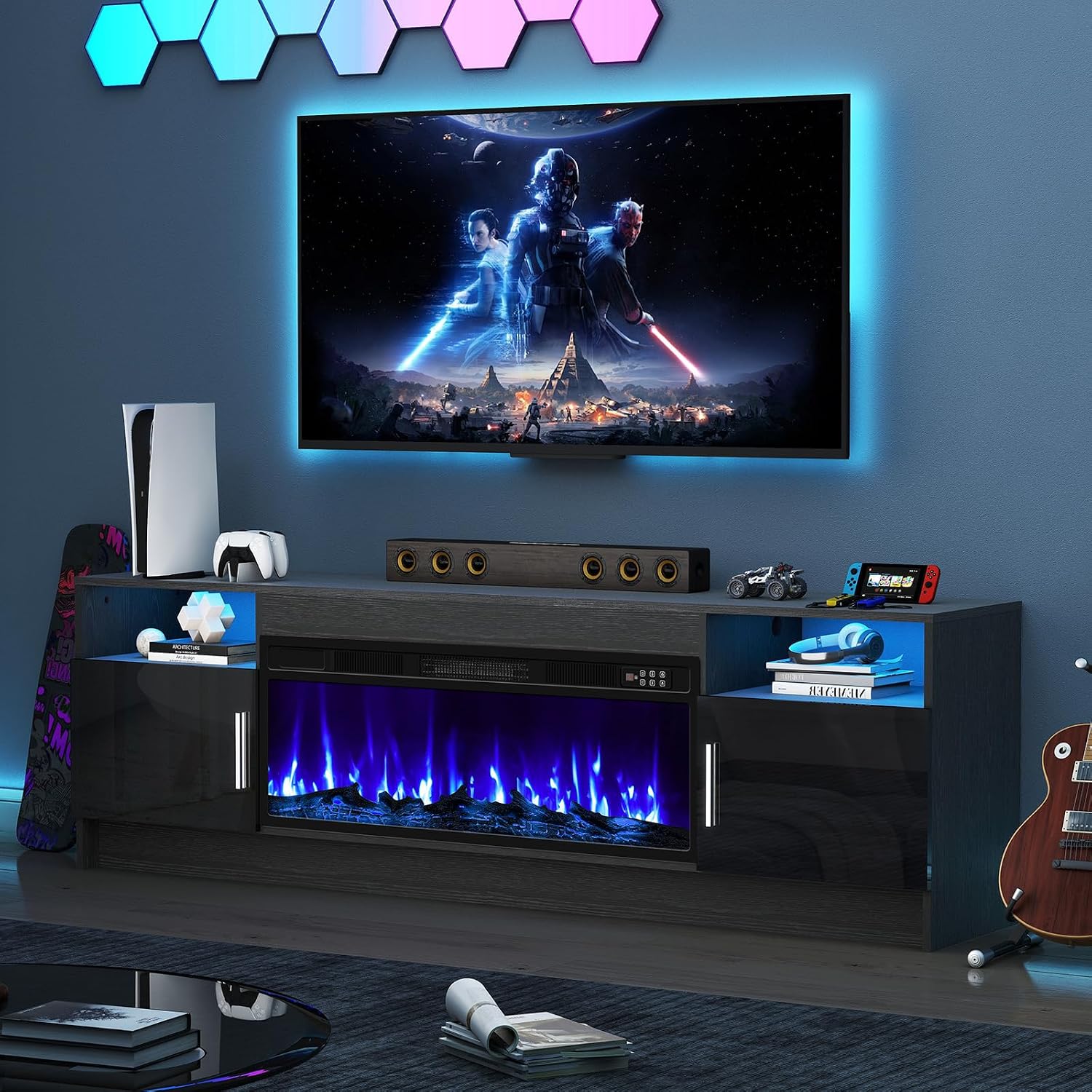 70' Fireplace TV Stand for TVs Up to 80', LED Light Media Console with 36' Electric Heater, Storage Cabinet, Black Entertainment Center for Living Room,Log