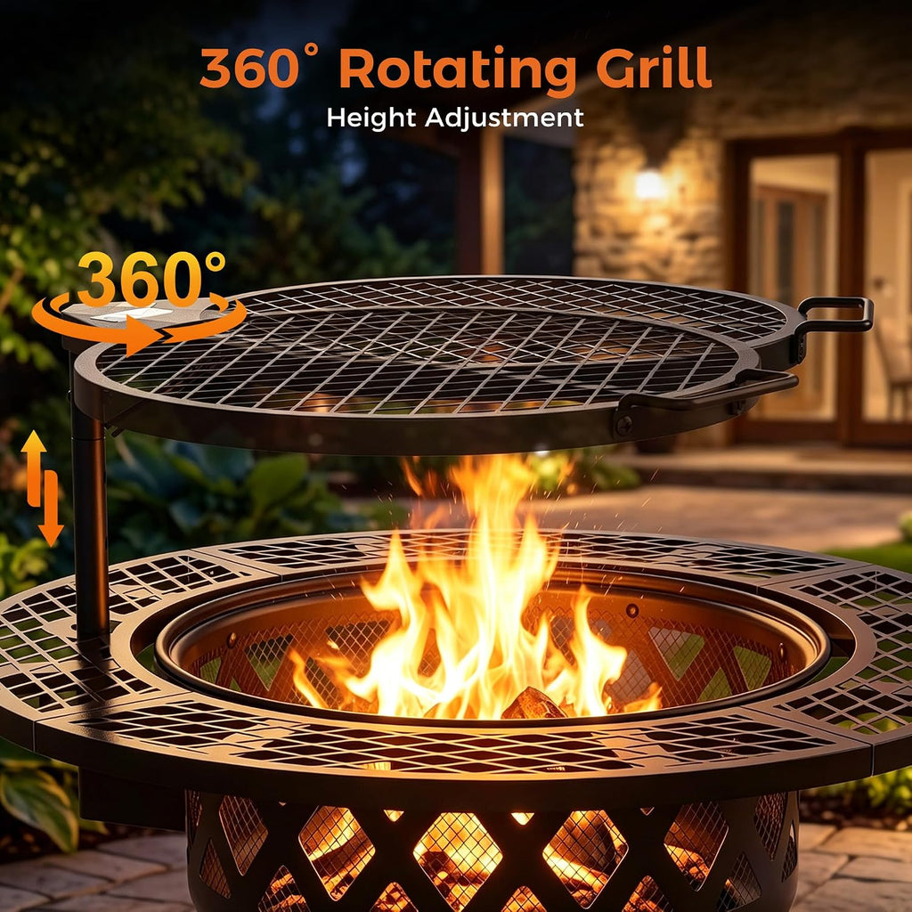 BALI OUTDOORS Fire Pit with Poker, 32 inch Outdoor Fire Pit Patio, Wood Burning Firepits for Outside with Grill