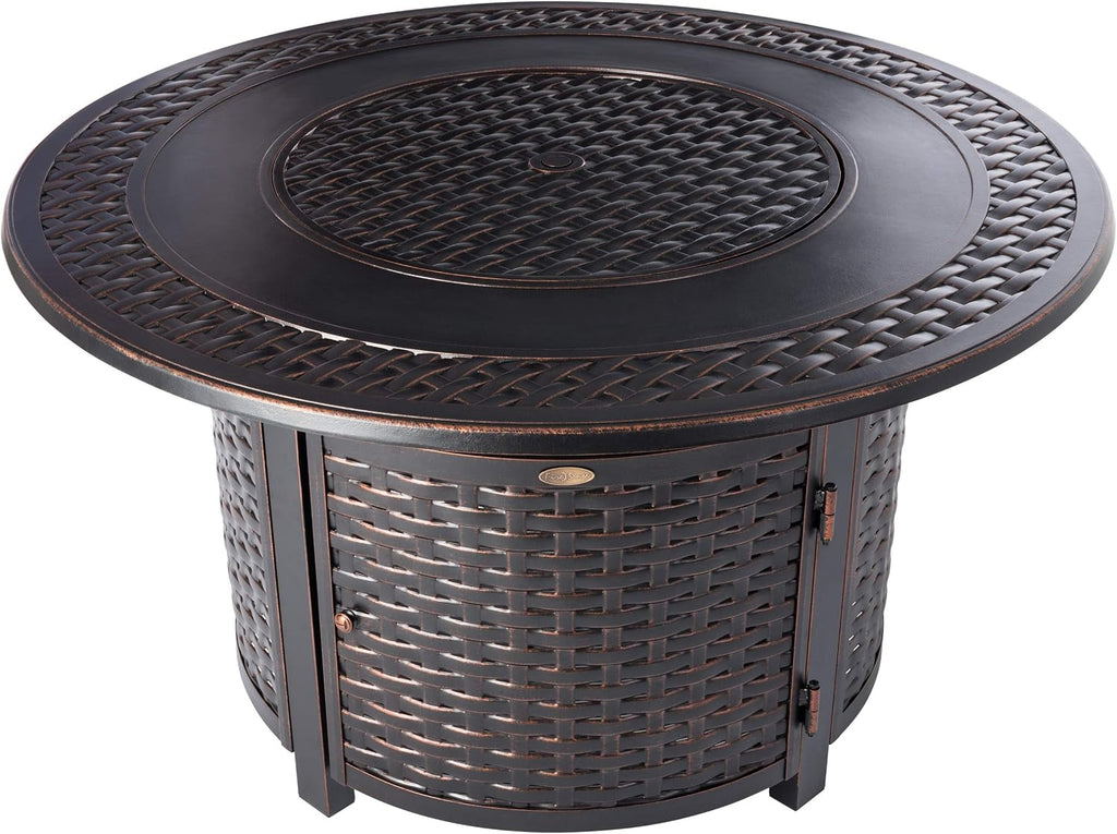 Fire Sense 62195 Bellante Woven Aluminum Convertible Gas Fire Pit Table 55,000 BTU Multi-Functional Outdoor with Fire Bowl Lid, Nylon Weather Cover & Clear Fire Glass - Bronze Finish - Round - 44'