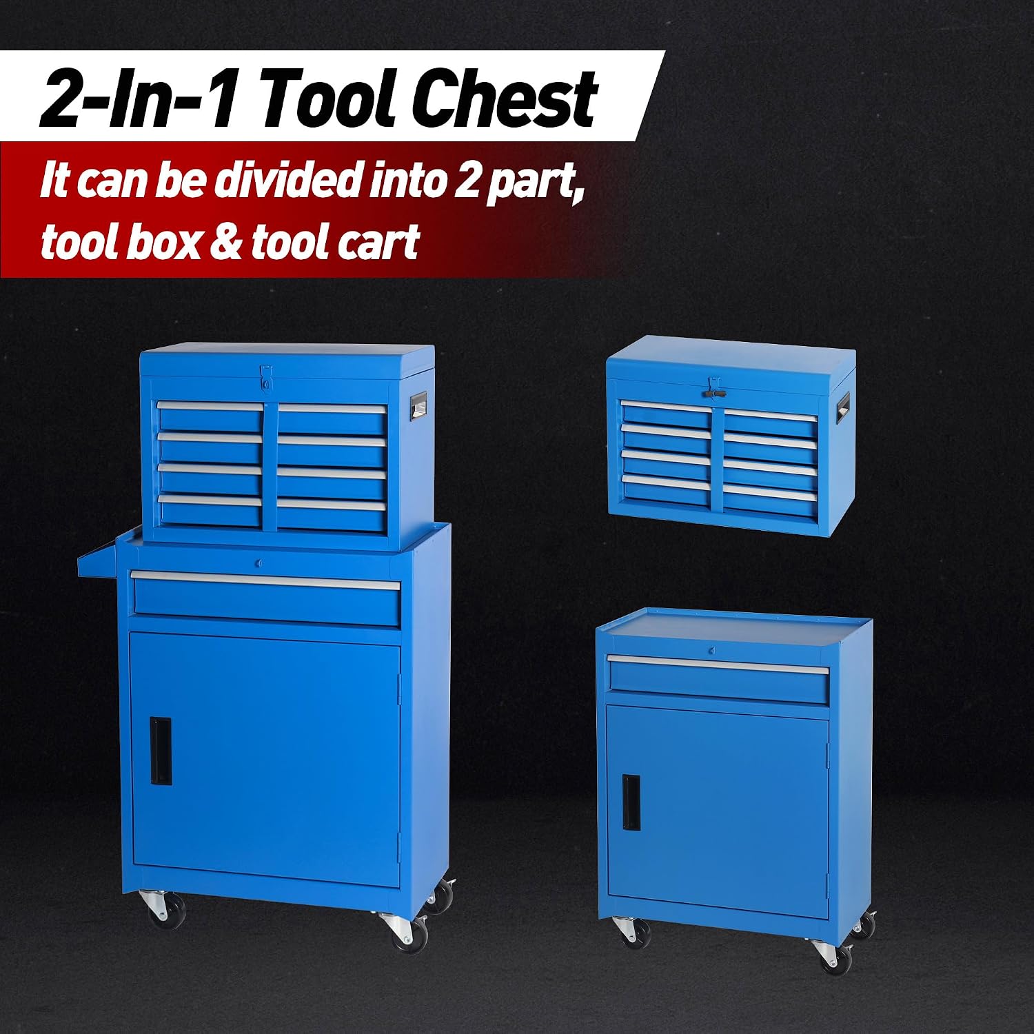 5 Drawers Metal Tool Cart on Wheels with 1 Cabinet, Multifunctional Rolling Tool Storage Cabinet Organizer Set w/Removable Top Tool Box for Garage,Warehouse,Workshop,Repair Shop (Blue)