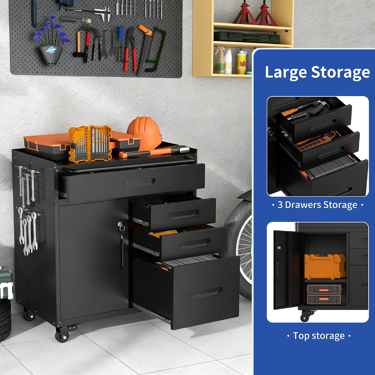 RYH 29.5' W Rolling Tool Cabinet with Metal Garage Storage Cabinet on Wheels, Locking Rolling Tool Chest for Workshop, Heavy Duty Tool Cart with Drawers (Black+, 4 Drawers 1Door34.4 H ×29.5' W)