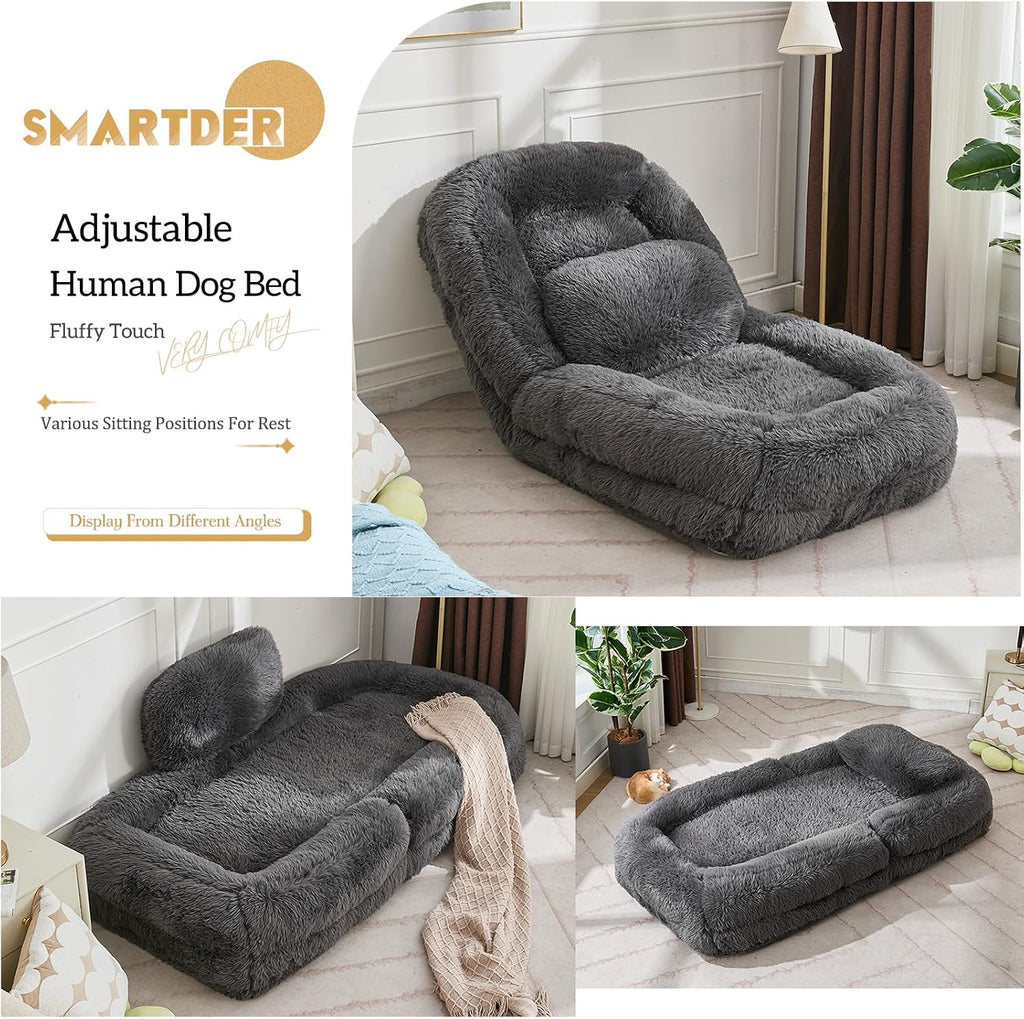 Adjustable Plush Human Dog Bed Lounger for Adult, 5-Position Foldable Lazy Lounge Sofa, Large Size Bean Bag Chair with Pillow, Folding Floor Chair for Living Room, Bedroom, Gaming Room, Dark Gray