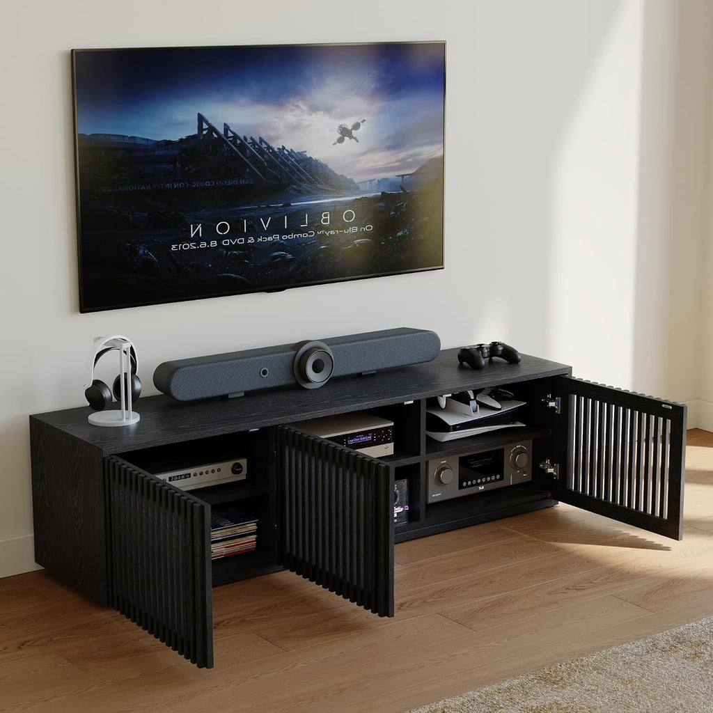 POVISON Full Assembled Mid Century Modern TV Stand, 59.06' Wood Slatted Media Console for 55 inch TV, Entertainment Center with Storage for Living Room, Low Cabinet with Removable Shelves