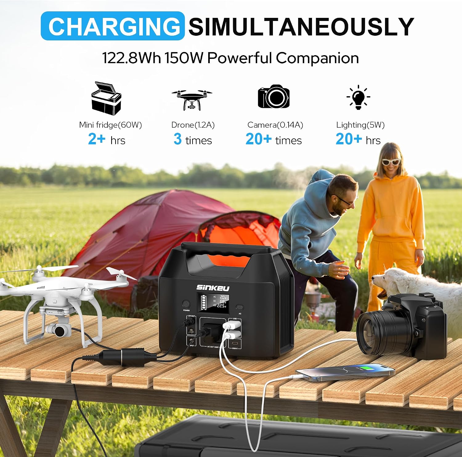 SinKeu 122.8Wh Portable Power Station with 60W Solar Panel, LiFePO4 Battery Solar Generator for Home Use, 150W Power Bank with AC Outlet for Camping, RV, Emergency Backup