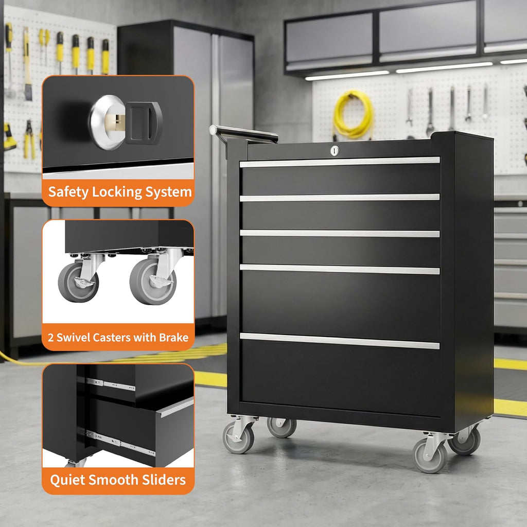 Rolling Tool Chest, 5 Drawers Tool Storage Cabinet with Wheels, Portable Tool Cabinet Organizer with Locking System & Drawer Liners,Universal Lockable Wheels, Tool Storage Cart for Garage, Workshop