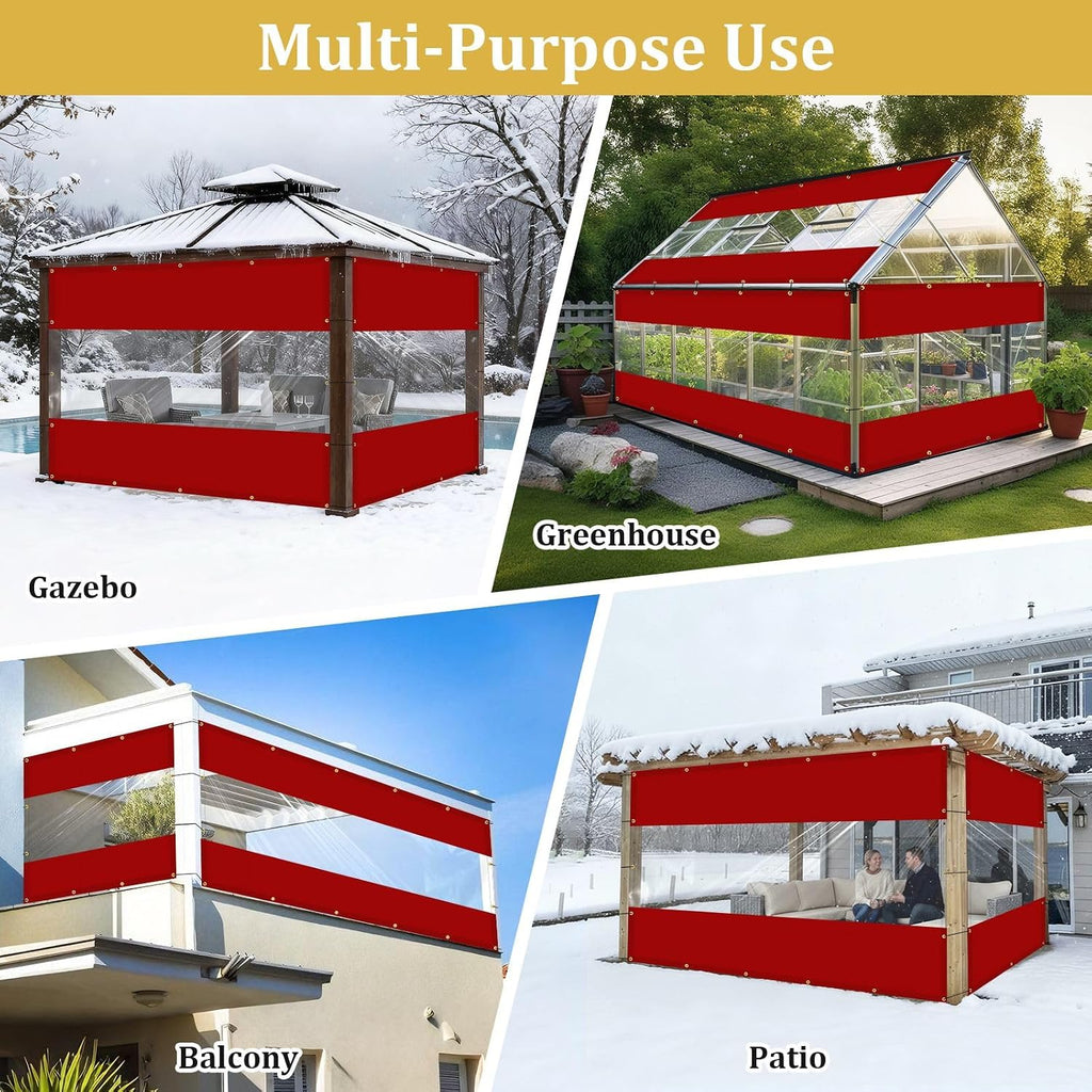 Shade&Beyond Outdoor Vinyl Curtain, 12' W x 10' L Heavy Duty Clear Tarp with Grommets Waterproof, Privacy Clear Panel UV-Resistant for Pergola Gazebos Porch Enclosure Patio(Customized Size, Red)