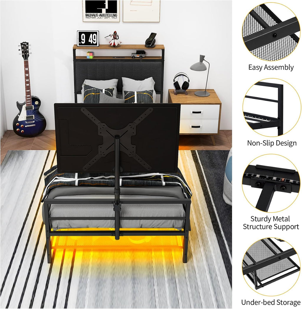 Twin Size Gaming Bed Frame with Storage Headboard,Black Metal Twin Bed Frame with LED Light Rotating TV Mount Charging Station,College Dorm Room Essential for Gaming Teen Boys Kids,Heavy Duty