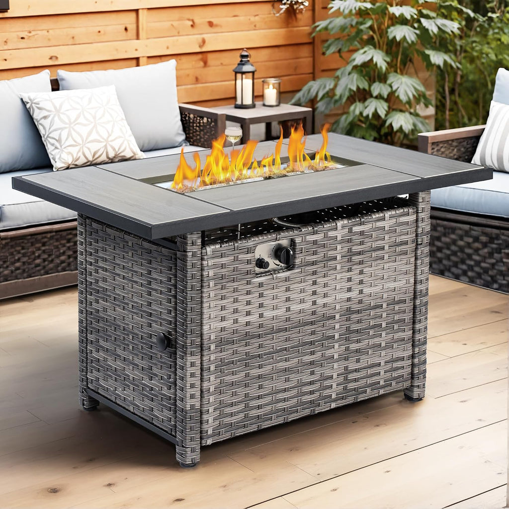 OVIOS 42 Inch Outdoor Patio Fire Pit Table, 50,000 BTU Heater PE Rattan Propane Firepits with Ceramic Tabletop, Waterproof Cover, Steel Lid and Lava Rock, Rectangular, Grey
