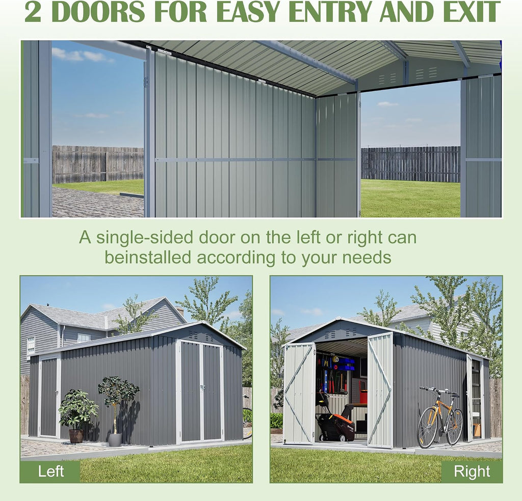 8x12 FT Shed Outdoor Storage Metal Large Garden Tool Sheds with 2 Lockable Doorways Floor Frame Gable Roof Waterproof Steel Utility Equipment Sheds for Backyard Patio Lawn Poolside, Grey