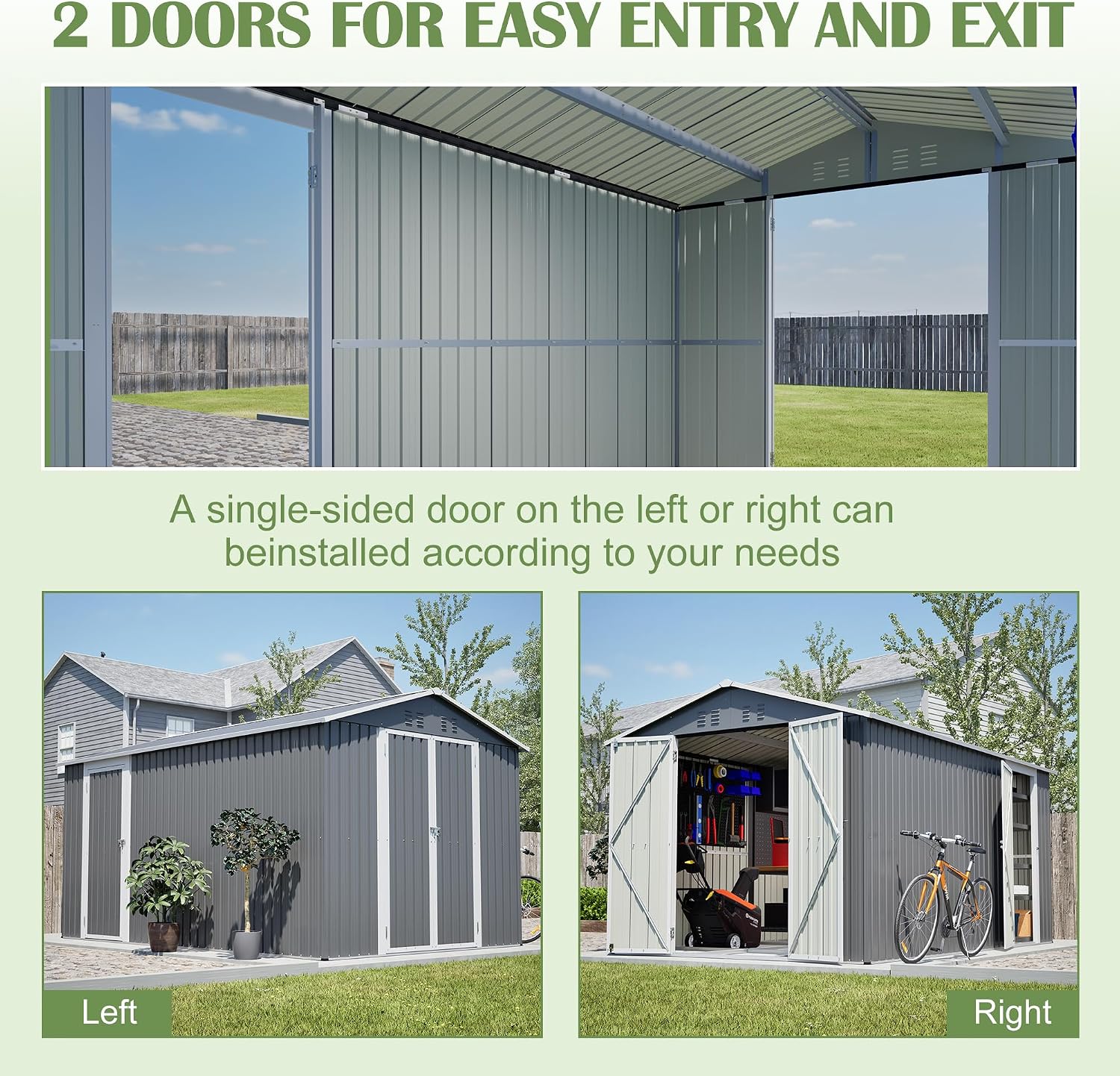 8x12 FT Shed Outdoor Storage Metal Large Garden Tool Sheds with 2 Lockable Doorways Floor Frame Gable Roof Waterproof Steel Utility Equipment Sheds for Backyard Patio Lawn Poolside, Grey