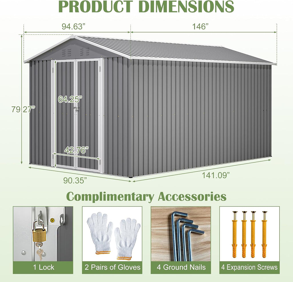 8x12 FT Outdoor Metal Storage Shed with Heavy-Duty Aluminum Frame, Lockable Double Doors, Weather-Resistant Roof and Vents, Large Garden Tool Shed for Backyard, Patio and Lawn – Grey
