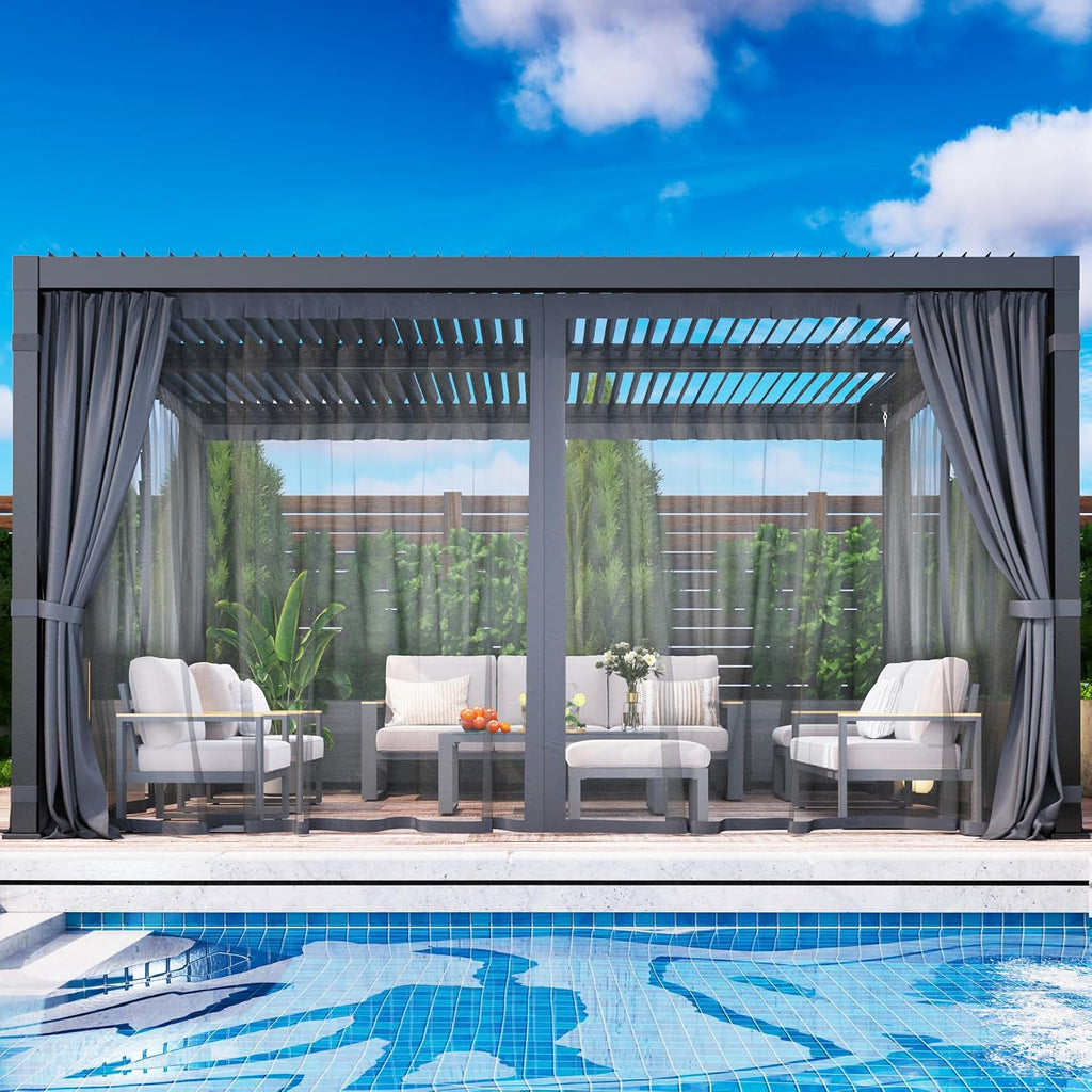 12' x 16' Louvered Pergola, Outdoor Pergola with Curtains & Netting, Metal Patio Pergola with Adjustable Louvers Roof and Gutter System, Metal Hardtop Gazebo for Patio, Deck, Garden, Yard, Dark Gray