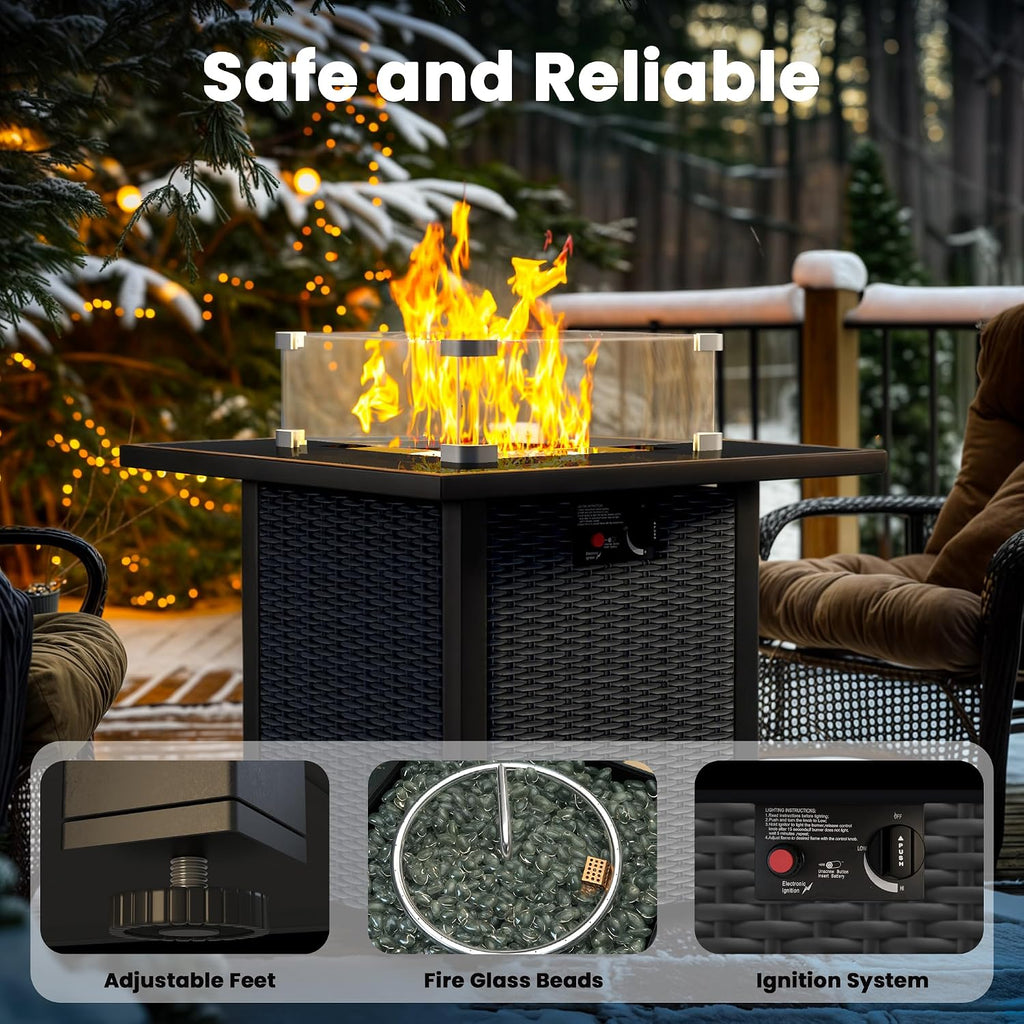 Propane Fire Pit Table, Outdoor Fire Pit Table, 28' Rattan Square Outdoor Gas FirePit with Glass Wind Guard, Tempered Glass Tabletop, Lid, CSA Listed, 50,000 BTU, Outside Patio Deck & Garden, Black