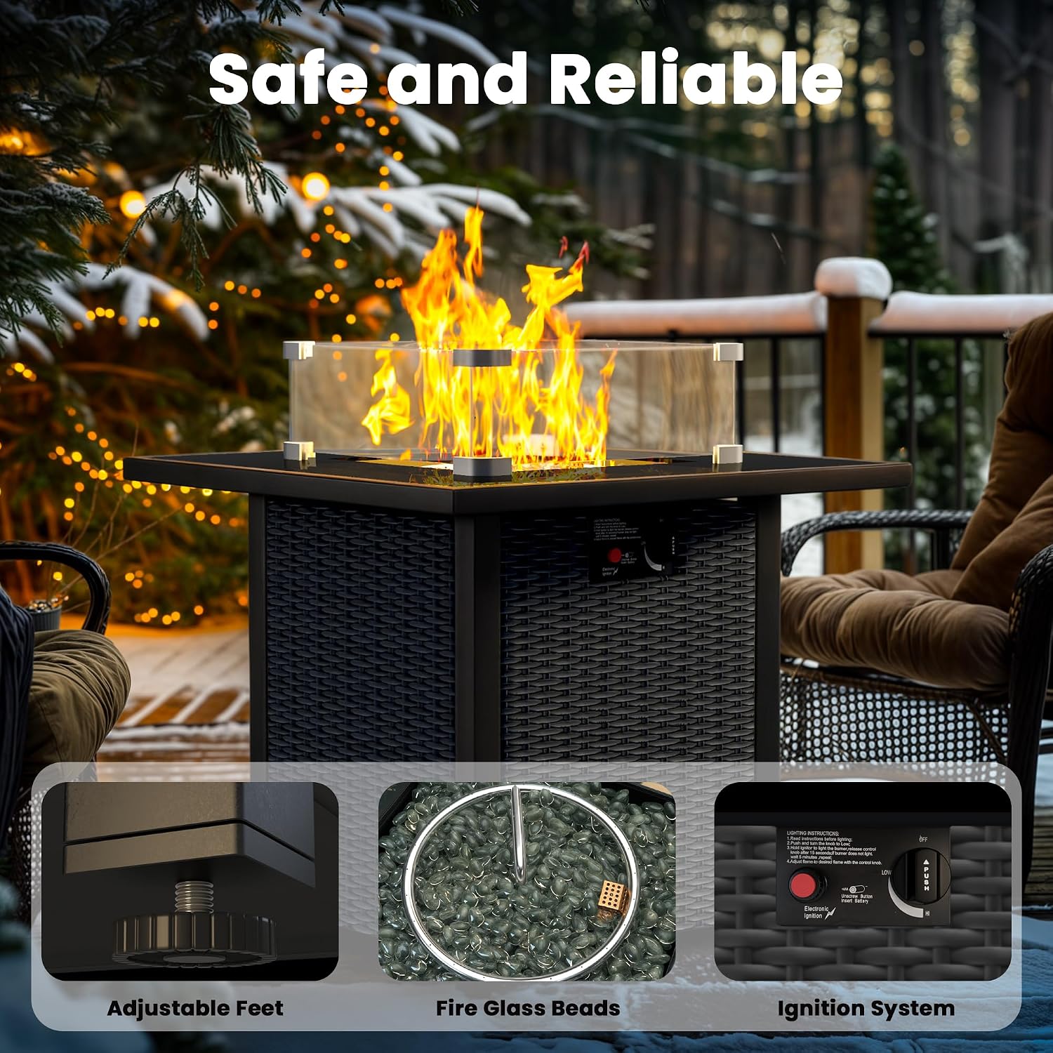 Propane Fire Pit Table, Outdoor Fire Pit Table, 28' Rattan Square Outdoor Gas FirePit with Glass Wind Guard, Tempered Glass Tabletop, Lid, CSA Listed, 50,000 BTU, Outside Patio Deck & Garden, Black
