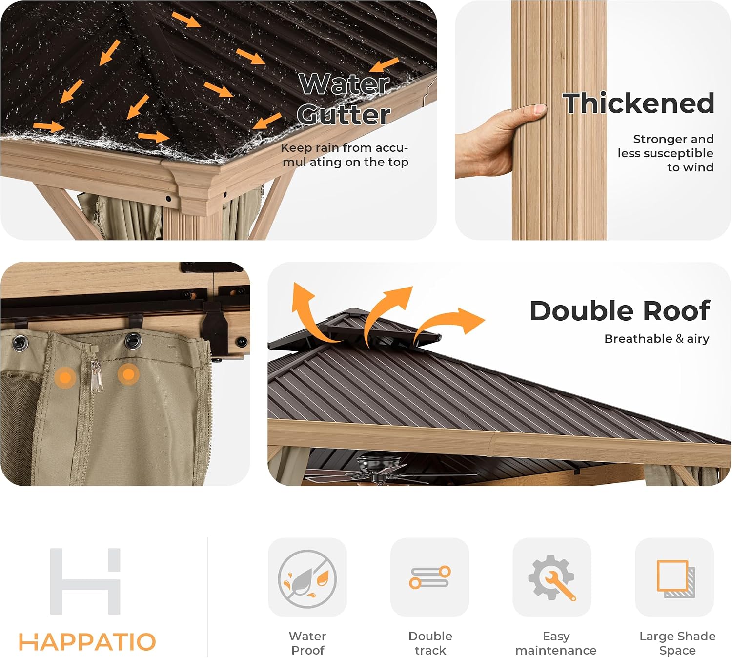 HAPPATIO 12' x 12' Hardtop Gazebo Outdoor, Wood Grain Aluminum Frame with Double Galvanized Steel Roof，Patio Gazebo Canopy with Netting and Curtains for Patio, Lawns, Deck, Backyard (Beige)