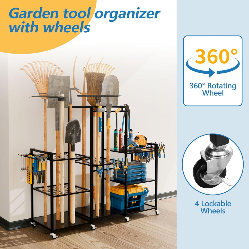 ROGMARS Garden Tool Organizer with Wheels for Garage,49' Heavy Duty 3 Tier Yard Tool Holder Storage Rack with Large Hooks for Shed/Yard/Broom/Lawn/Long-Handled Garden Cart
