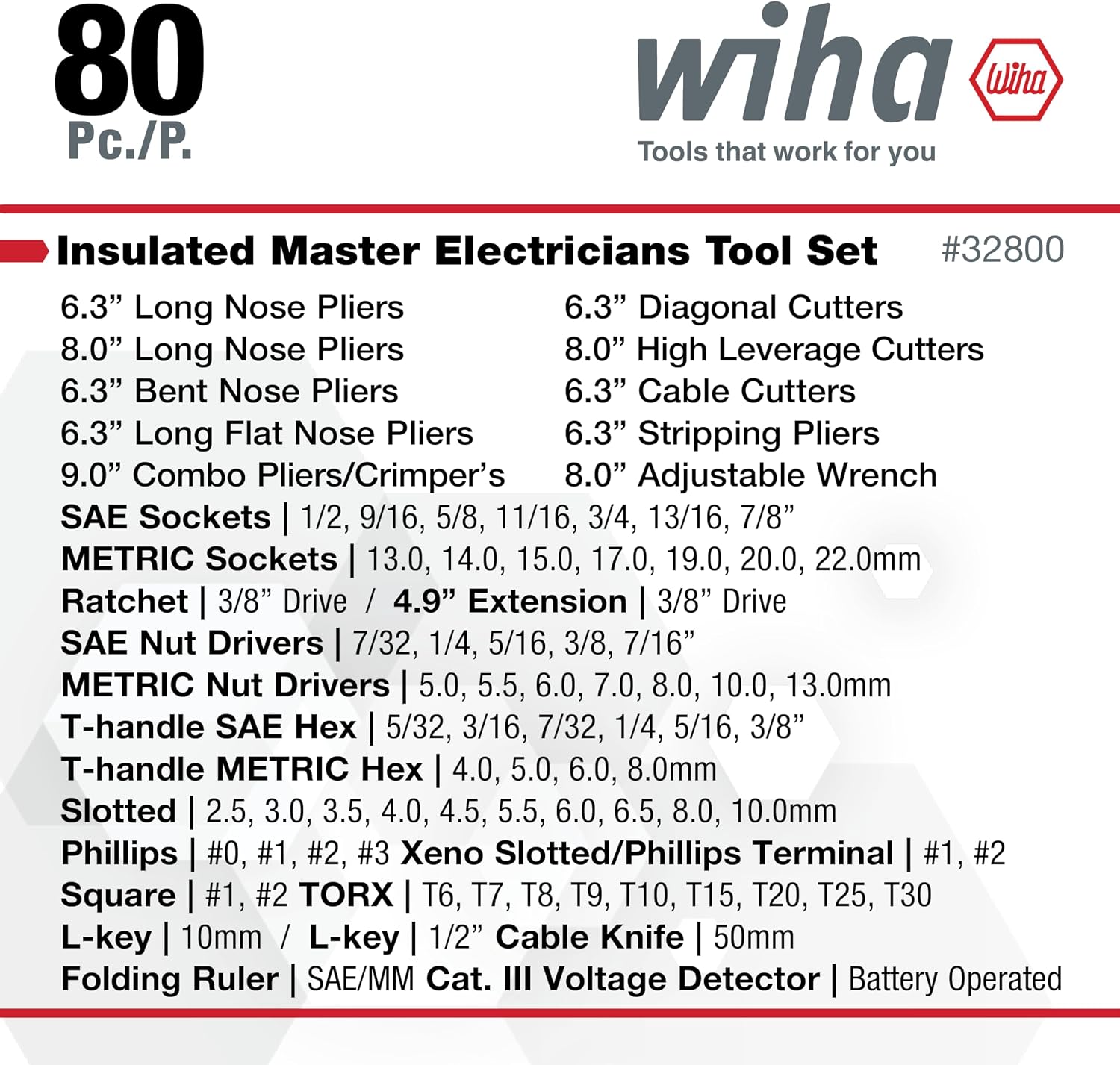 Wiha 32800 Insulated Electrician Tool Set – 80-Piece VDE Screwdriver, Pliers, Socket & Nut Driver Kit with Rolling Case, 1000V Rated, 10,000V Tested