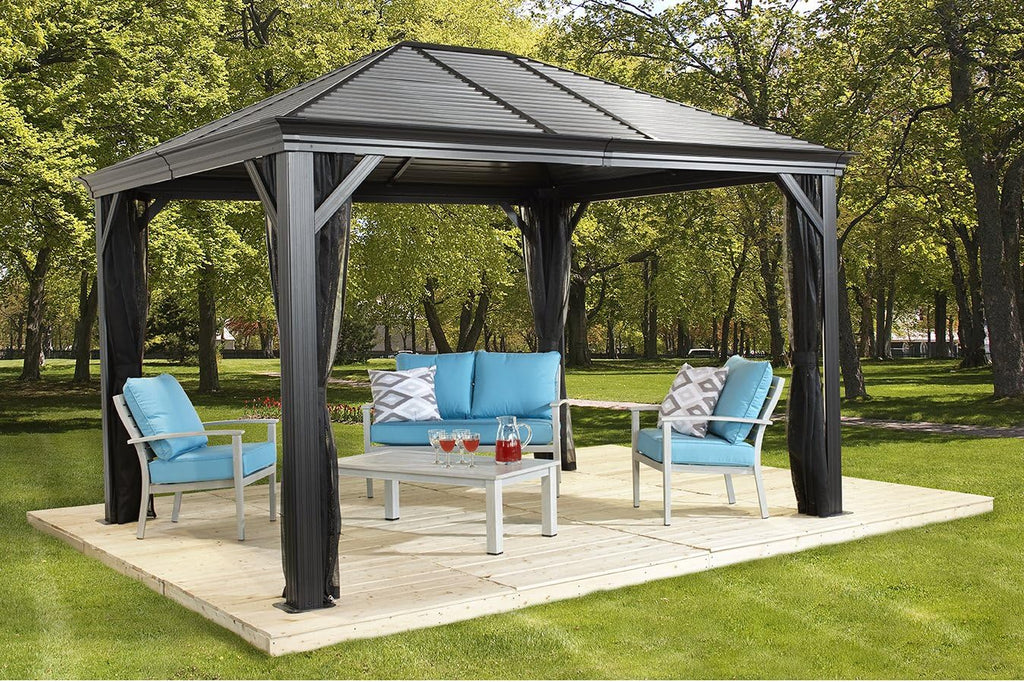 Sojag Mykonos 12 ft. x 16 ft. Outdoor Gazebo with Galvanized Steel Roof and Rustproof Aluminum Frame, All-Season Backyard Shelter for Shade, Privacy, and Weather Protection