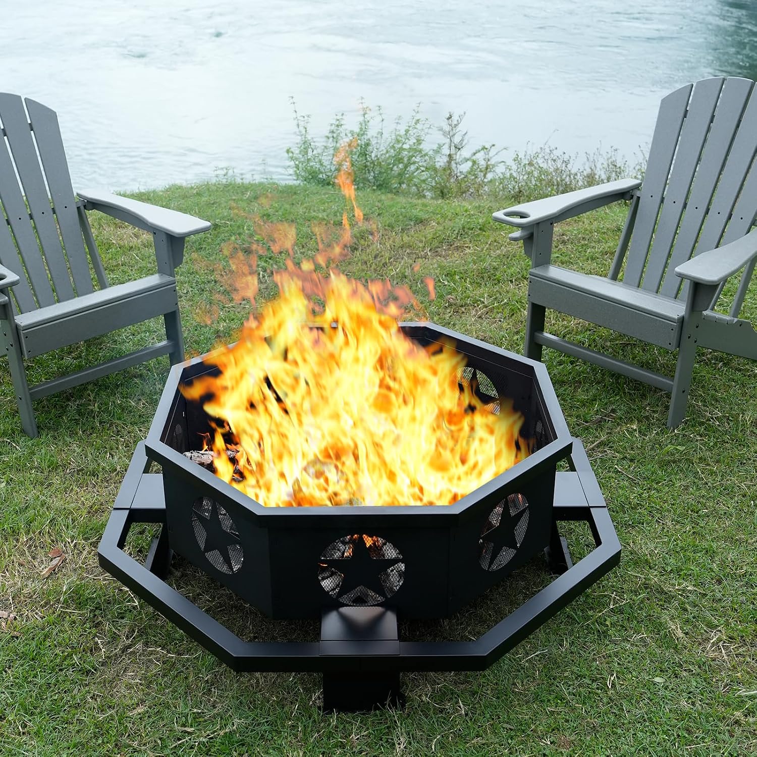 45 inch Large Fire Pit, Outdoor Fire Pit with Heavy Duty Construction, Wood Burning Fire Pits for Outside Octagonal Firepit for Camping, Backyard, Patio, Black