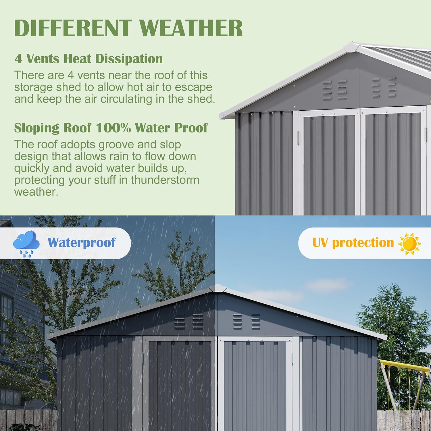 8x12 FT Outdoor Metal Storage Shed with Heavy-Duty Aluminum Frame, Lockable Double Doors, Weather-Resistant Roof and Vents, Large Garden Tool Shed for Backyard, Patio and Lawn – Grey
